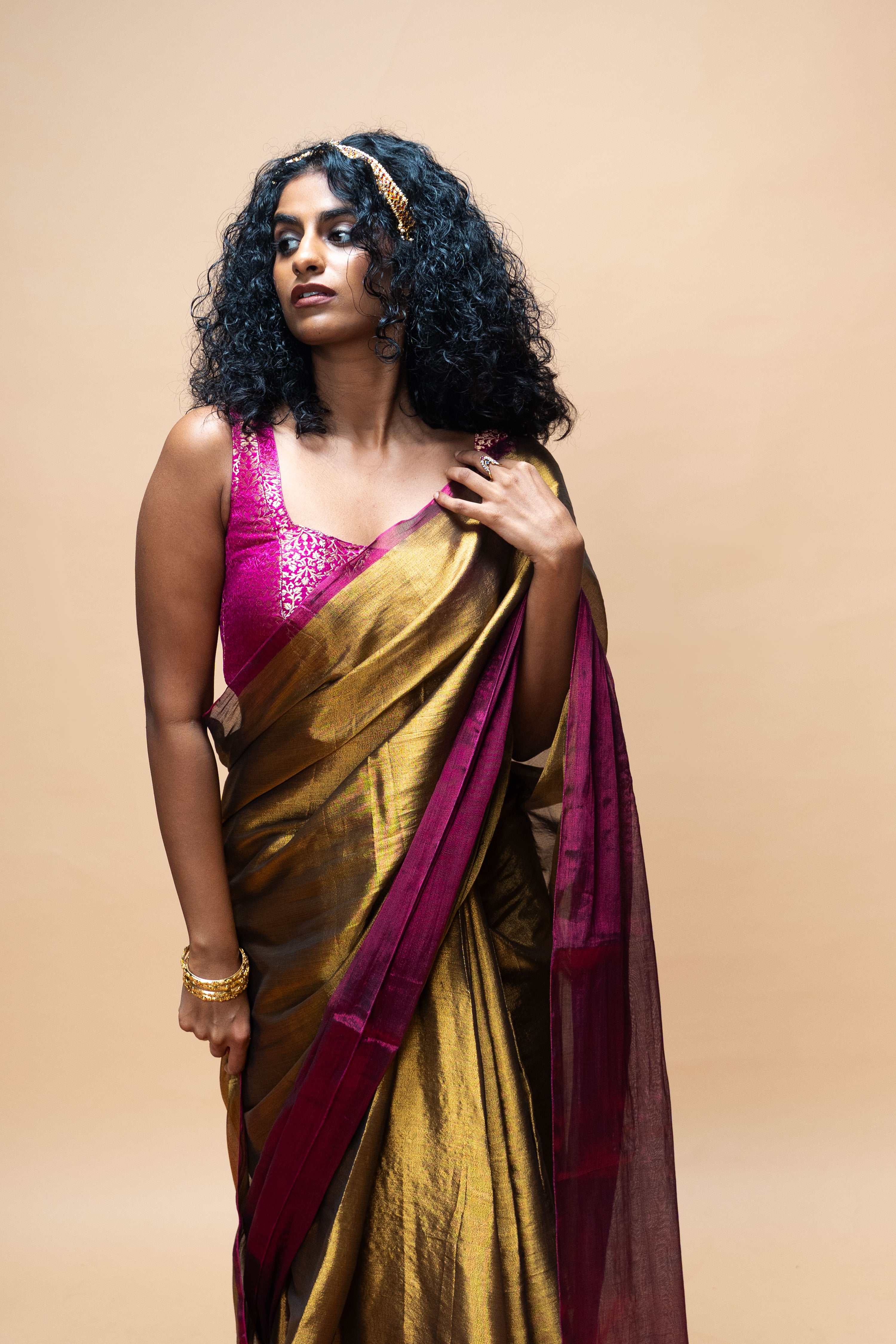 TAVYA I Gold Handwoven Tissue Saree with Dark Pink and Silver Striped Border