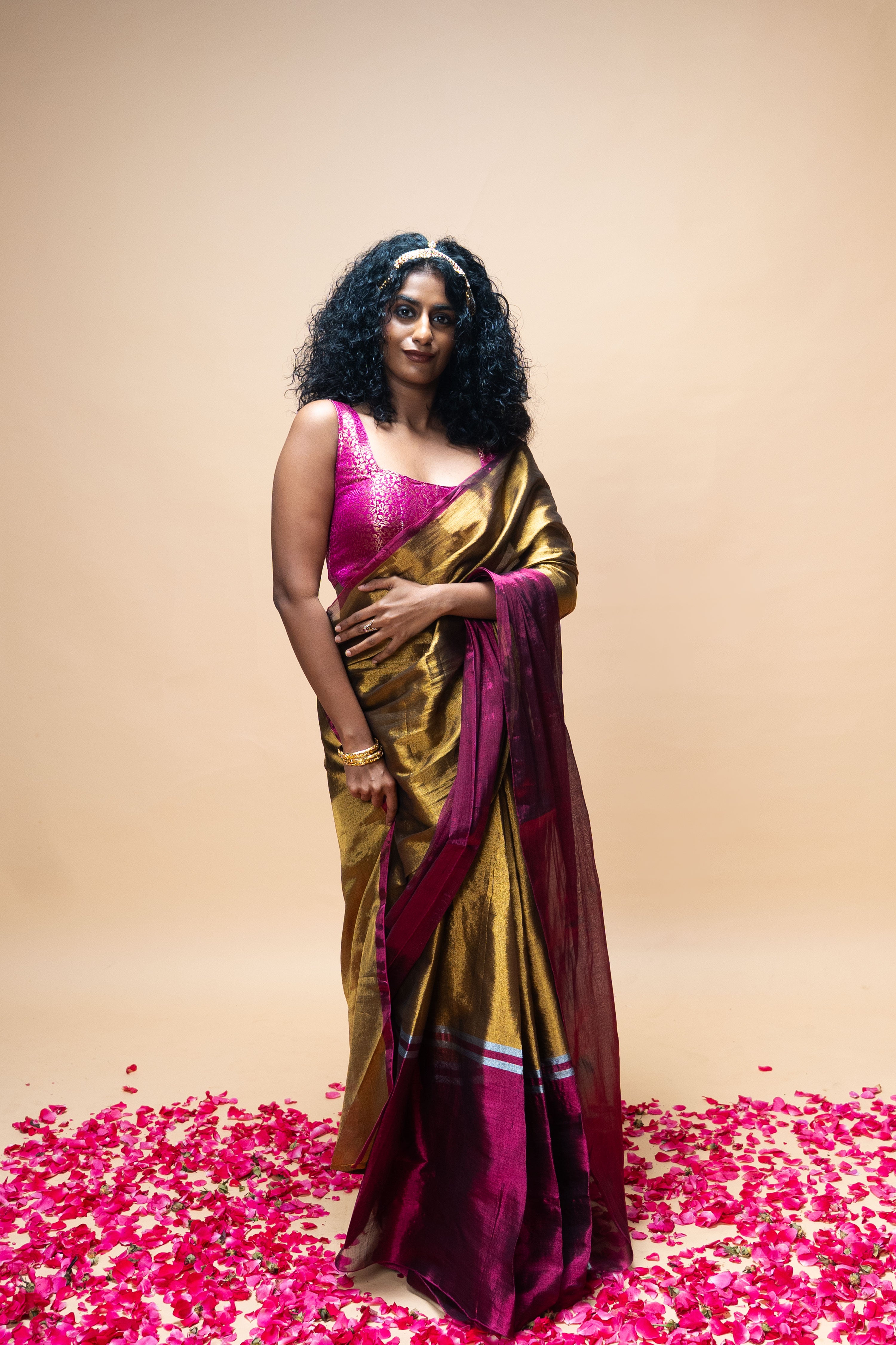 TAVYA I Gold Handwoven Tissue Saree with Dark Pink and Silver Striped Border