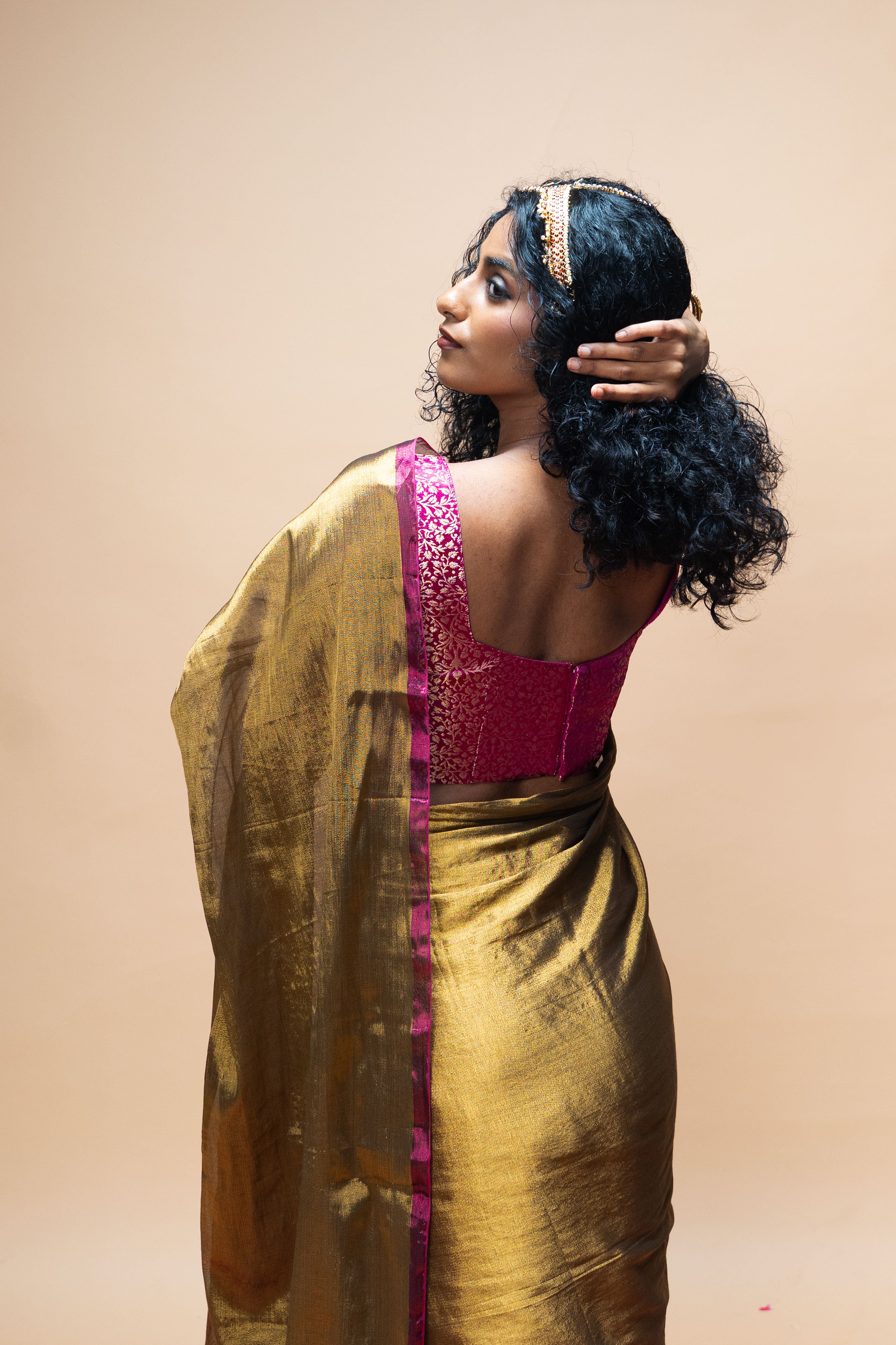 TAVYA I Gold Handwoven Tissue Saree with Dark Pink and Silver Striped Border