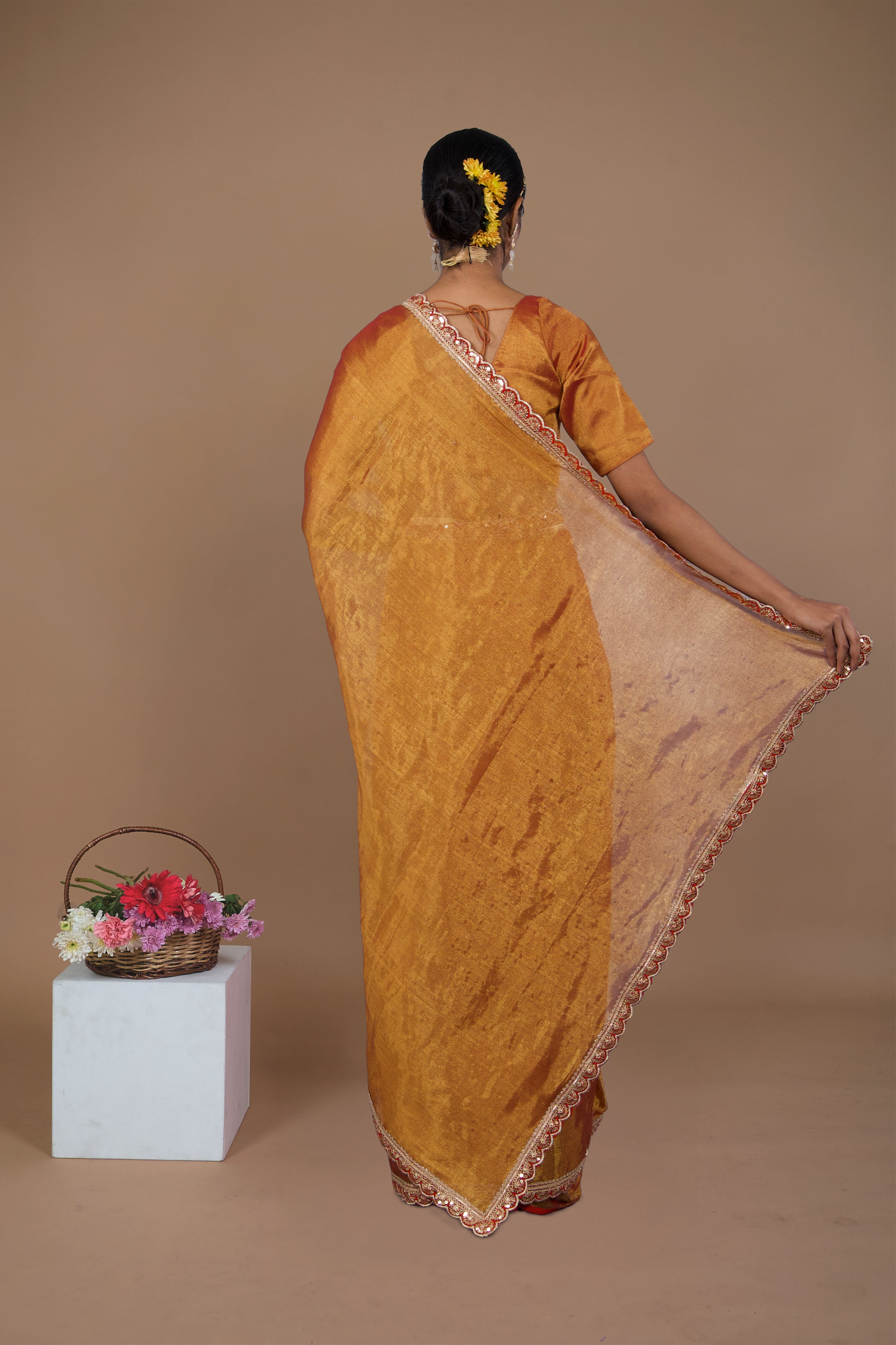 Shagun I Warm Red handwoven tissue saree with scalloped lace