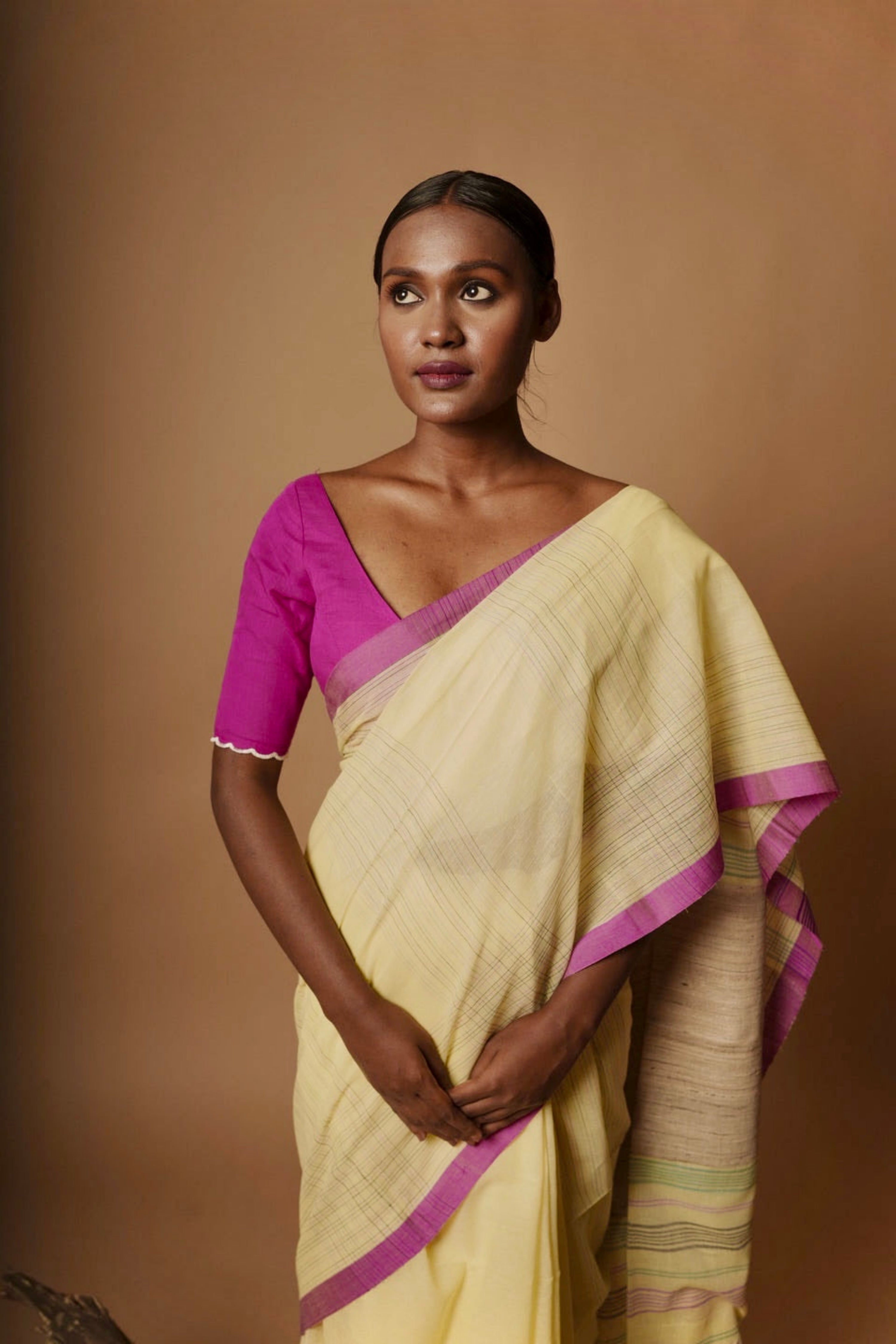 Goldenrod I Yellow and Pink Cotton Saree