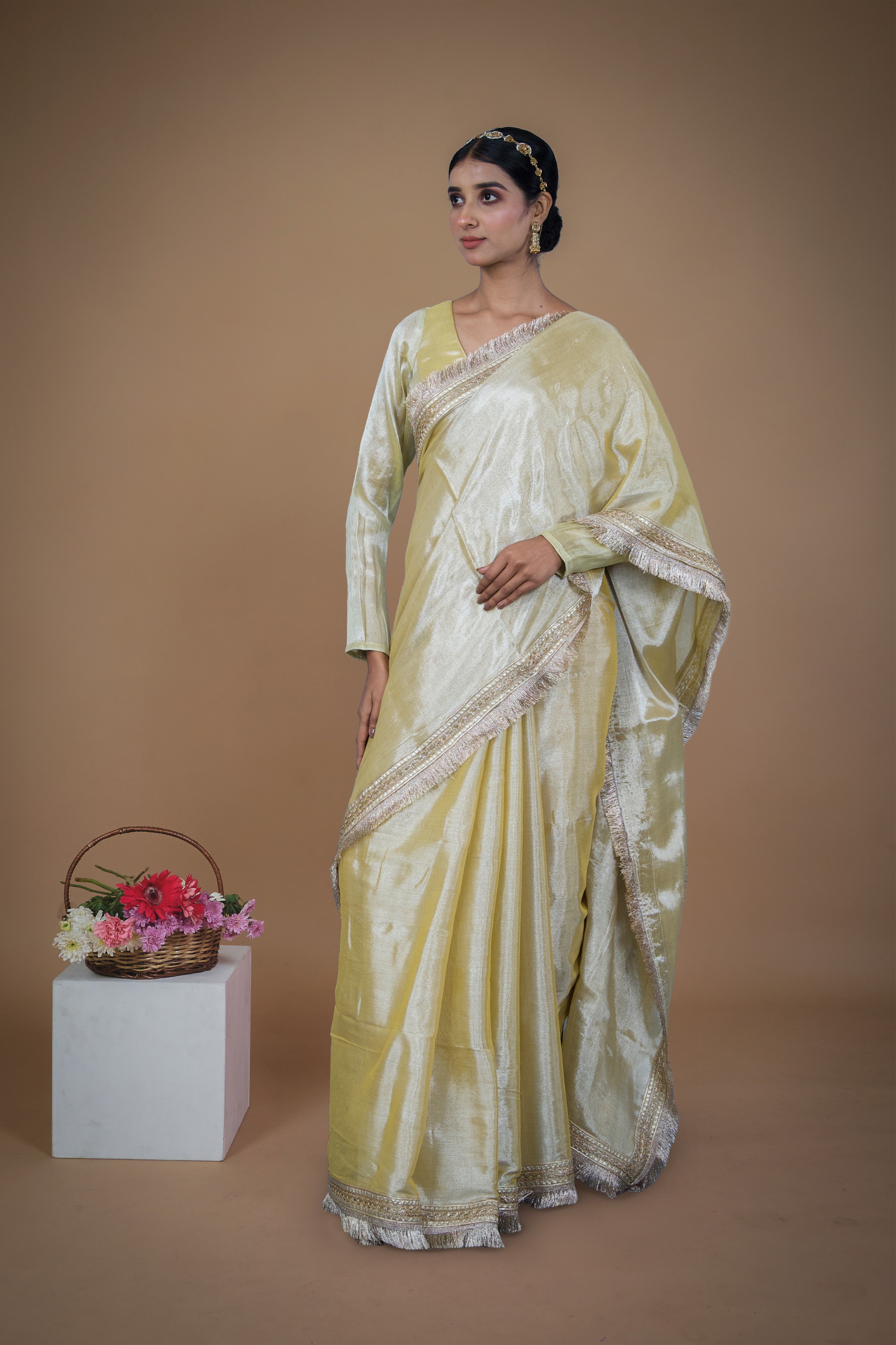 Tarang I Neon yellow handwoven tissue saree with matte gold lace