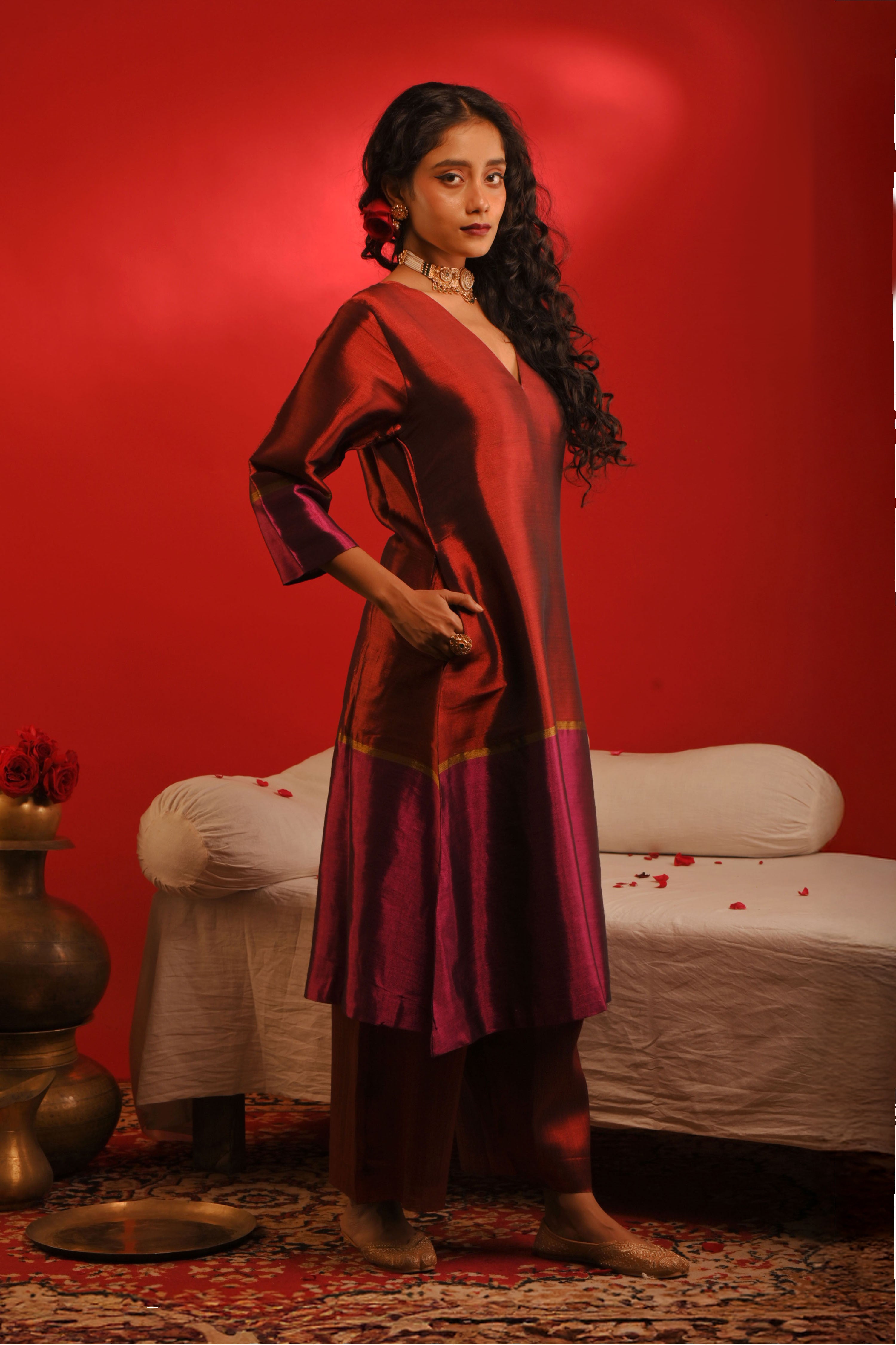 Prachi I Red and purple handwoven tissue kurta pant set