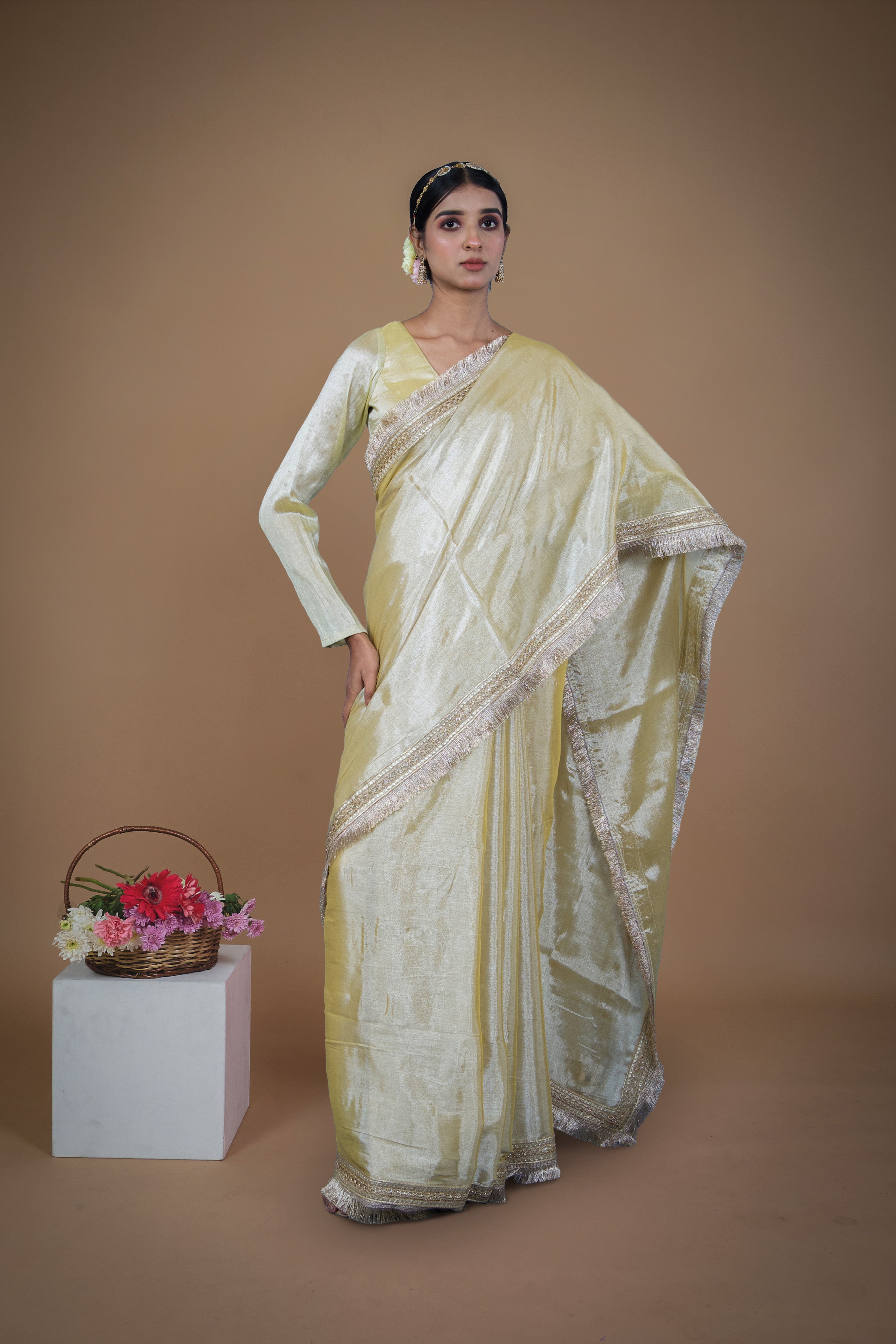 Tarang I Neon yellow handwoven tissue saree with matte gold lace