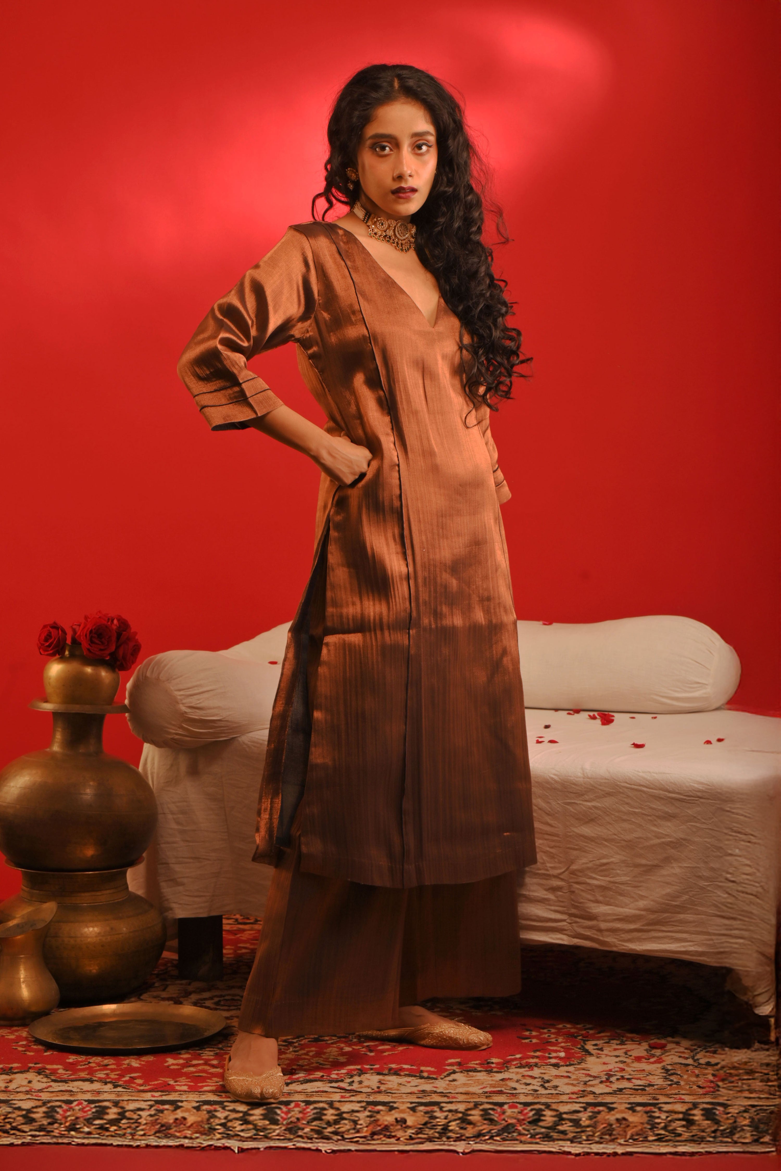 Kajari  I Copper handloom tissue kurta pant set