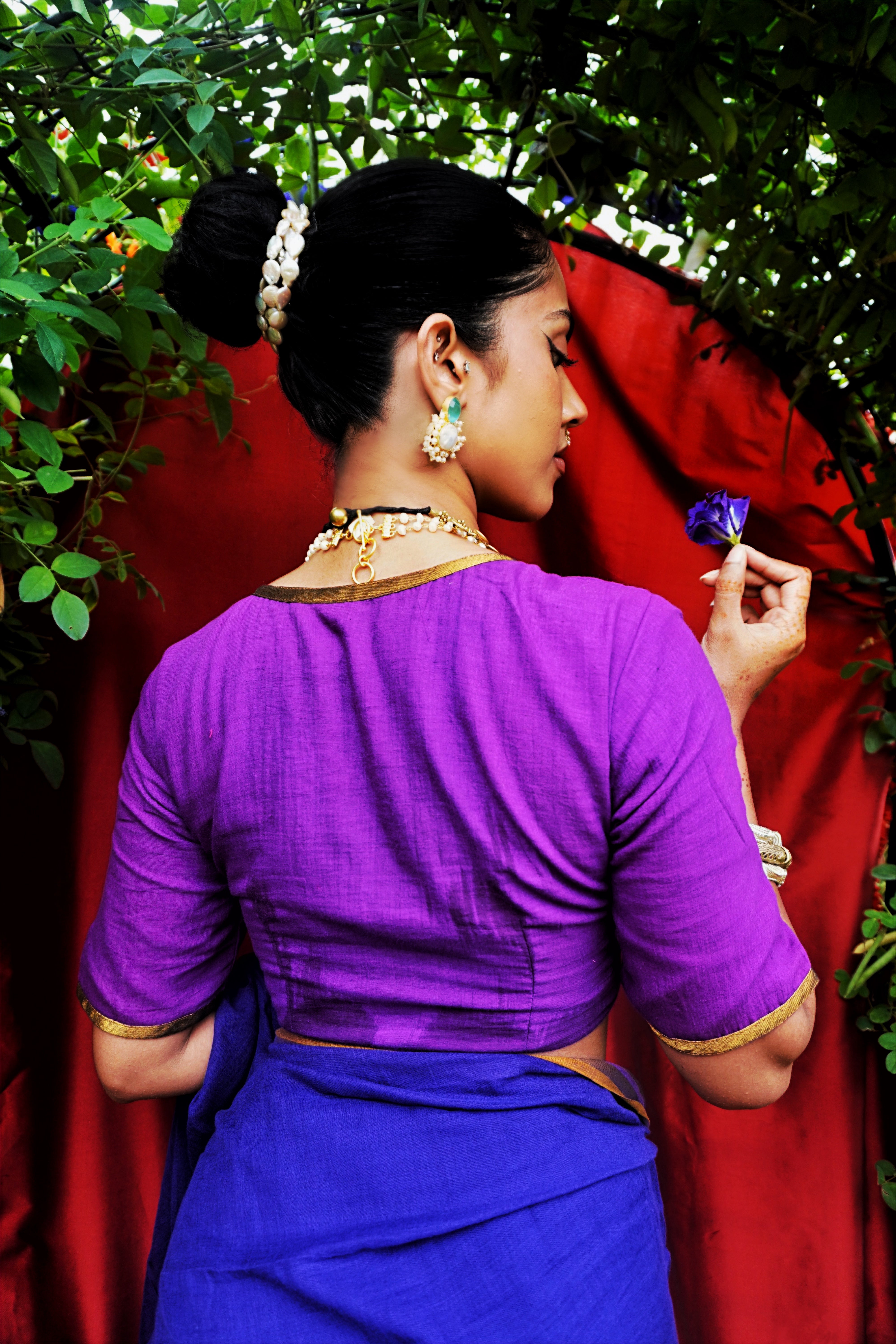 Handwoven Blue Cotton Saree with Striped Border along with Ready to Wear Purple Blouse Combo (Kanakavali & Kairali)