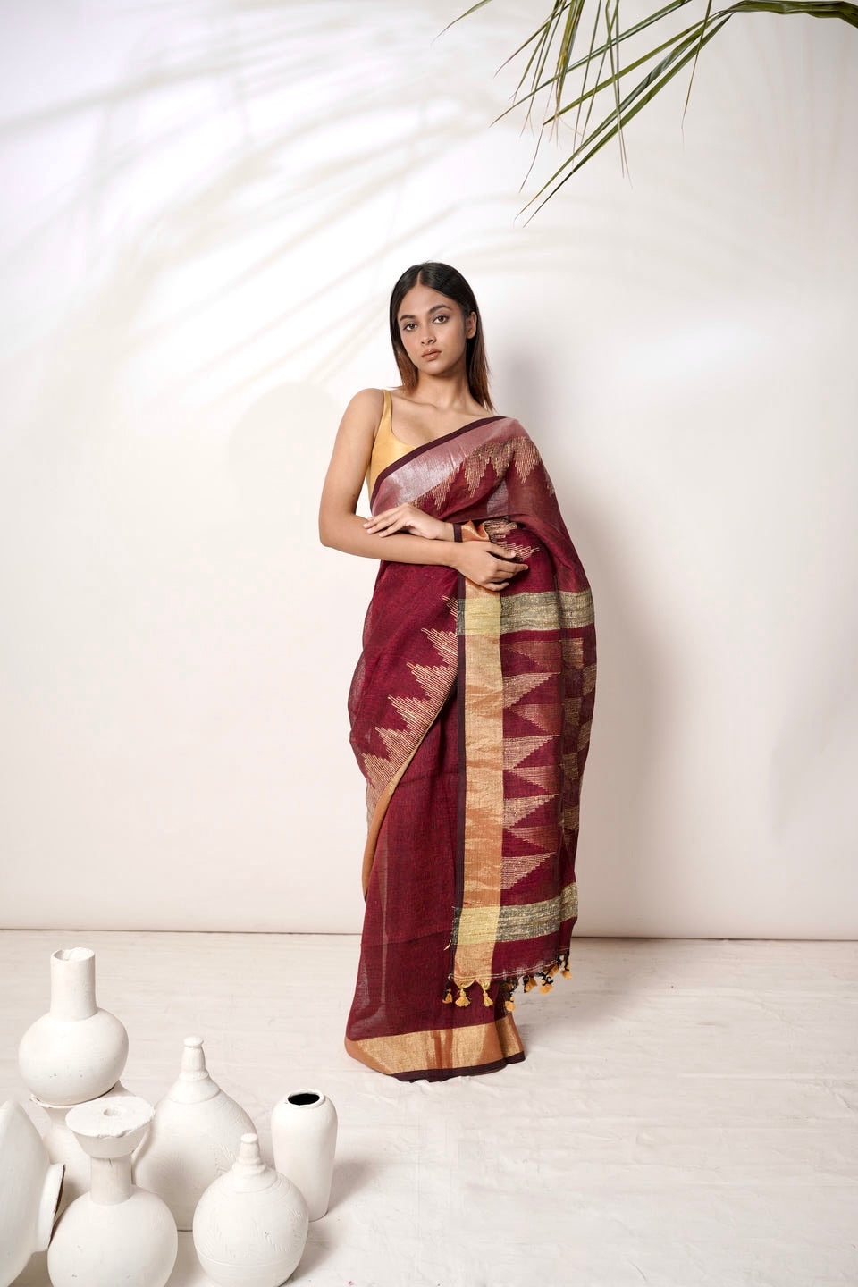 Munga Magic I Maroon Handloom Linen Saree