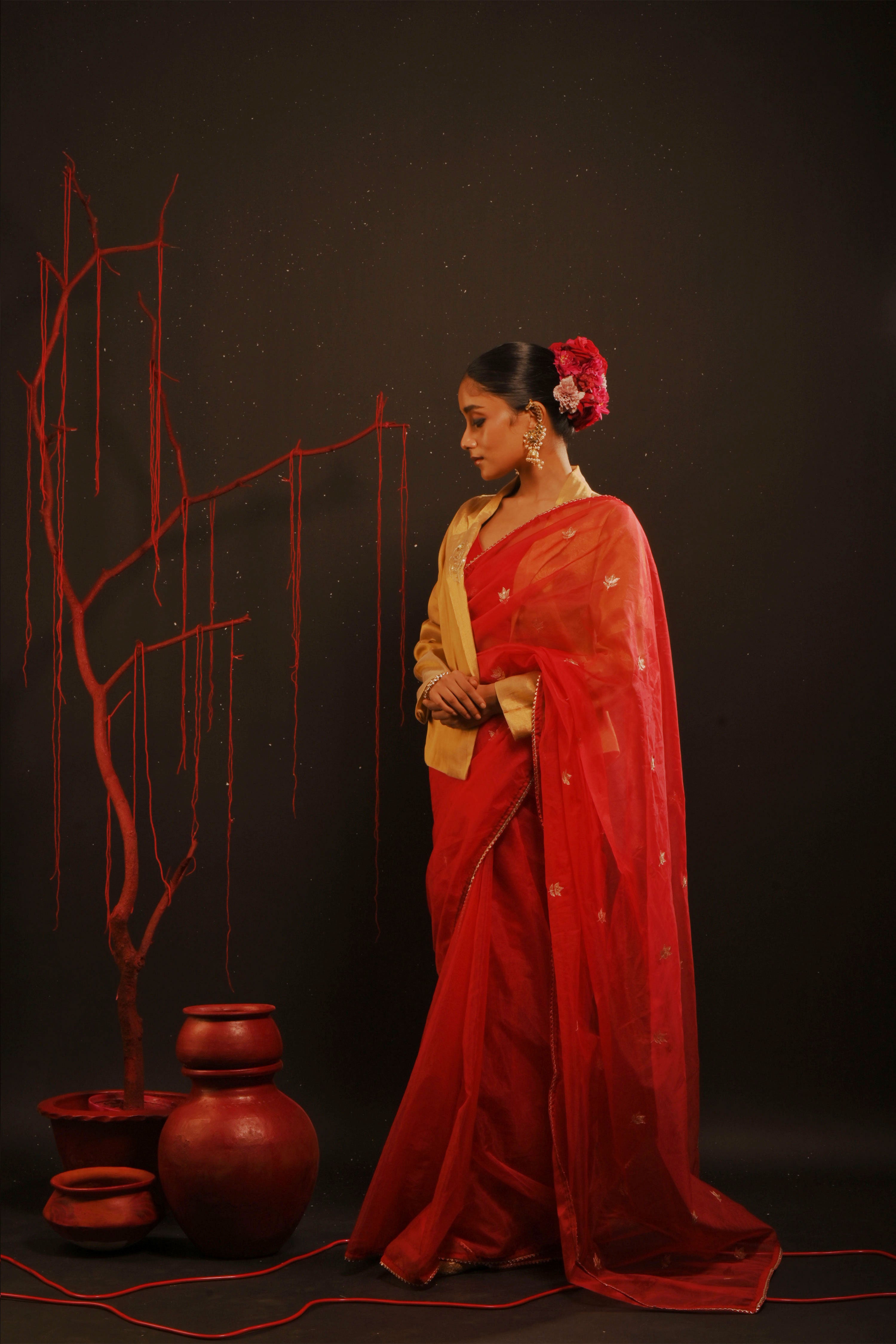 Mihira I Red organza saree paired with red chinon blouse and Tissue jacket