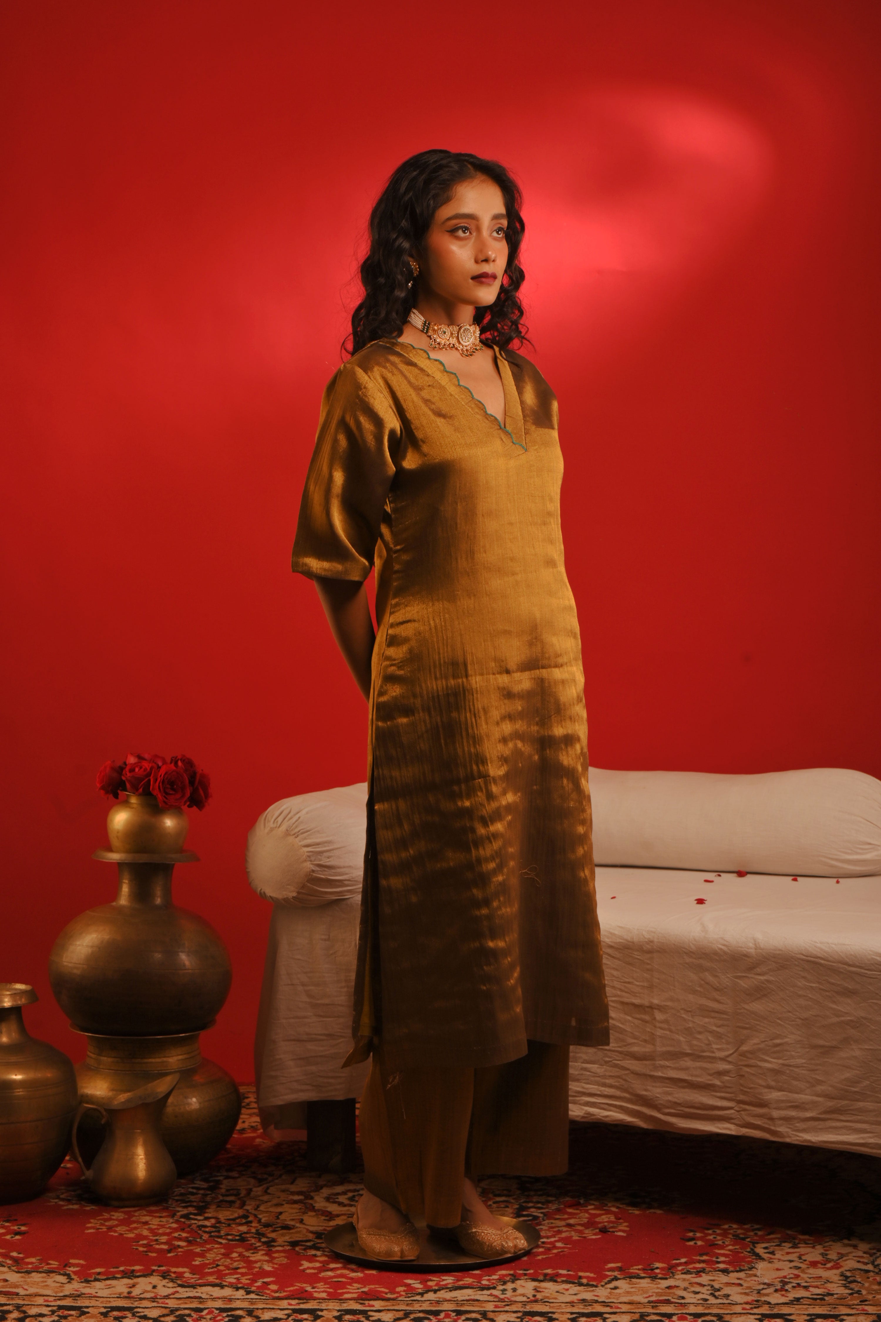 Ishanya  I Golden handloom tissue kurta pant set
