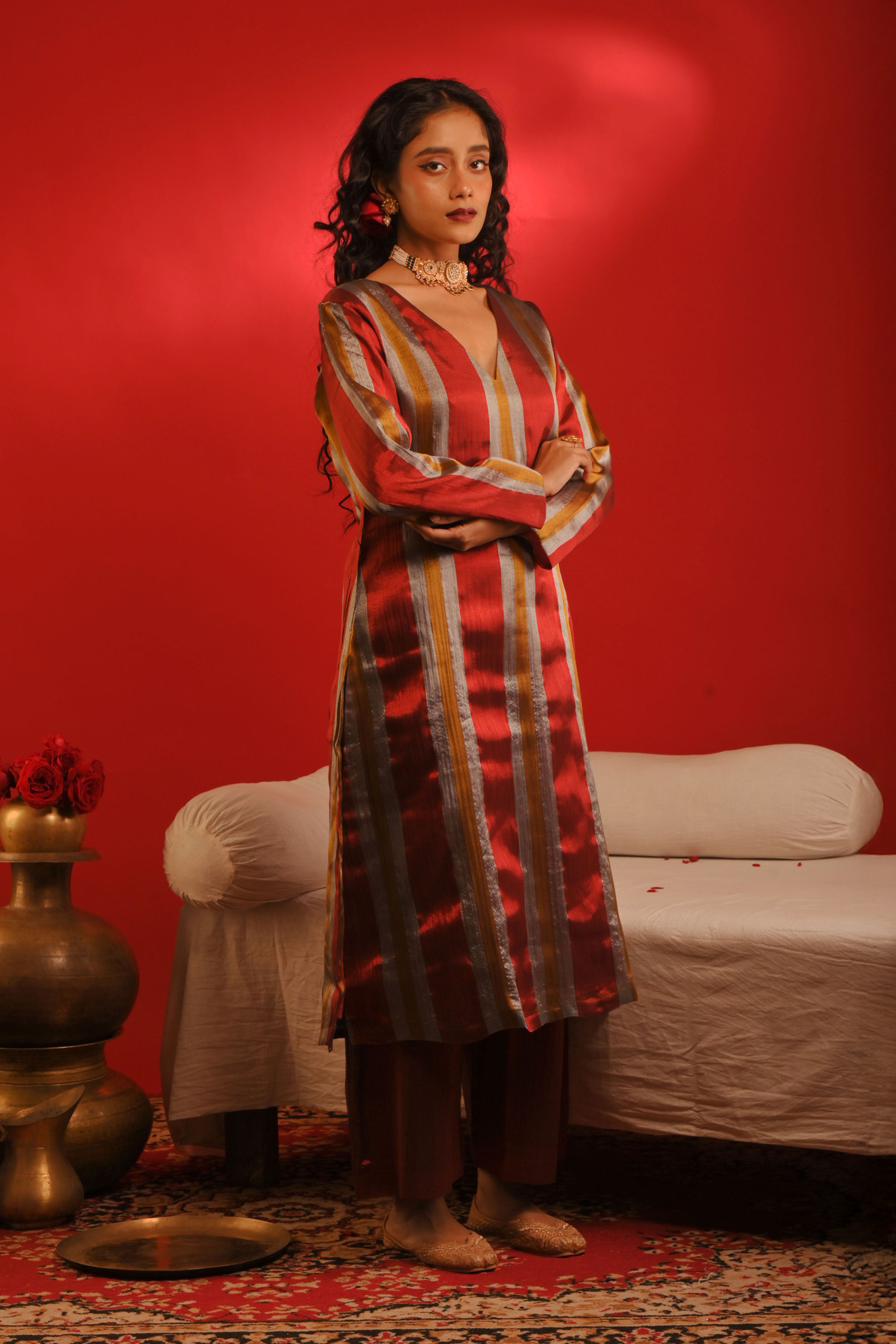 Anvaya I Multicoloured stripe handloom tissue kurta pant set