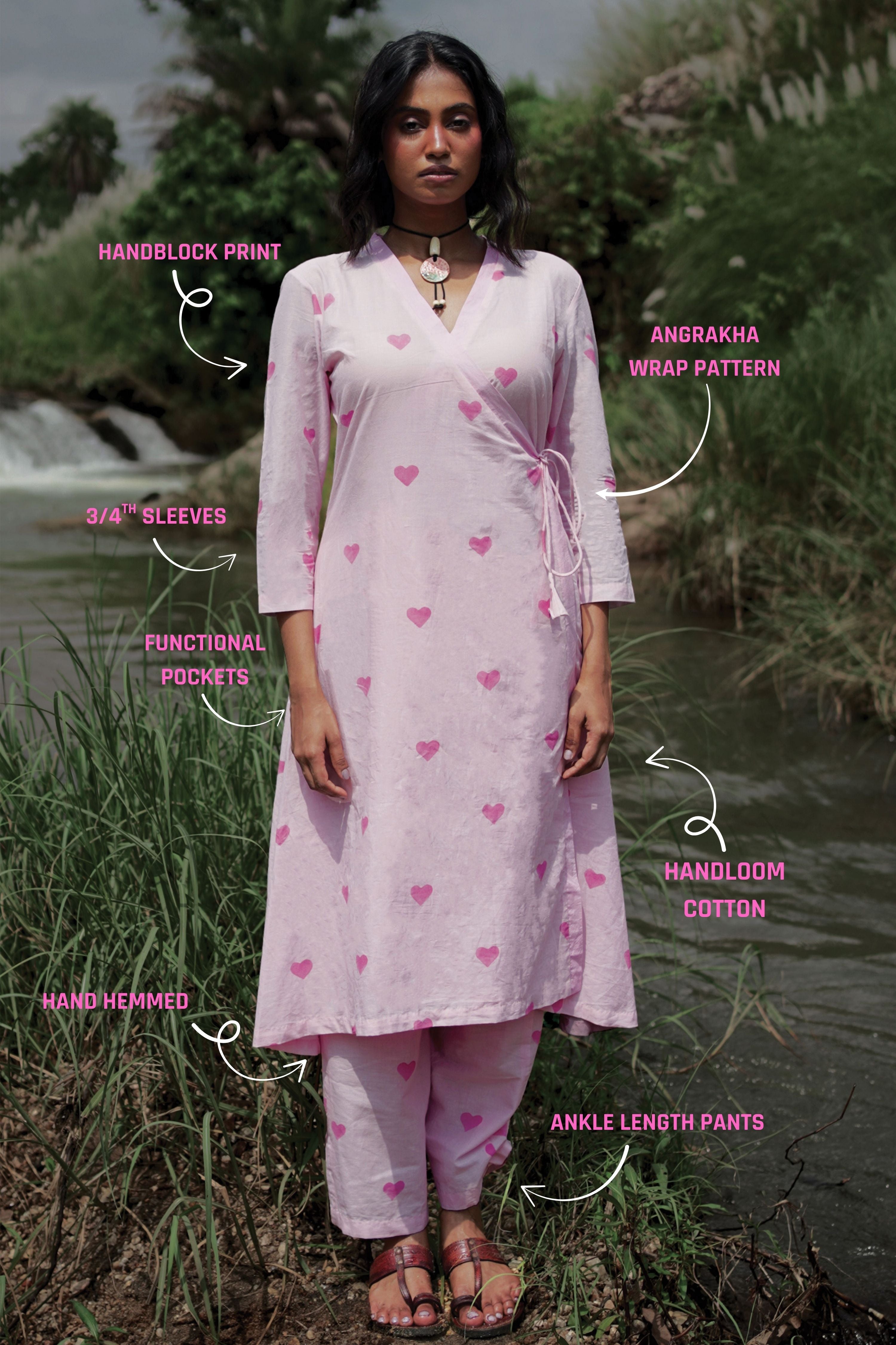 Pihu I Baby pink Cotton Hand Block printed Kurta-pant set