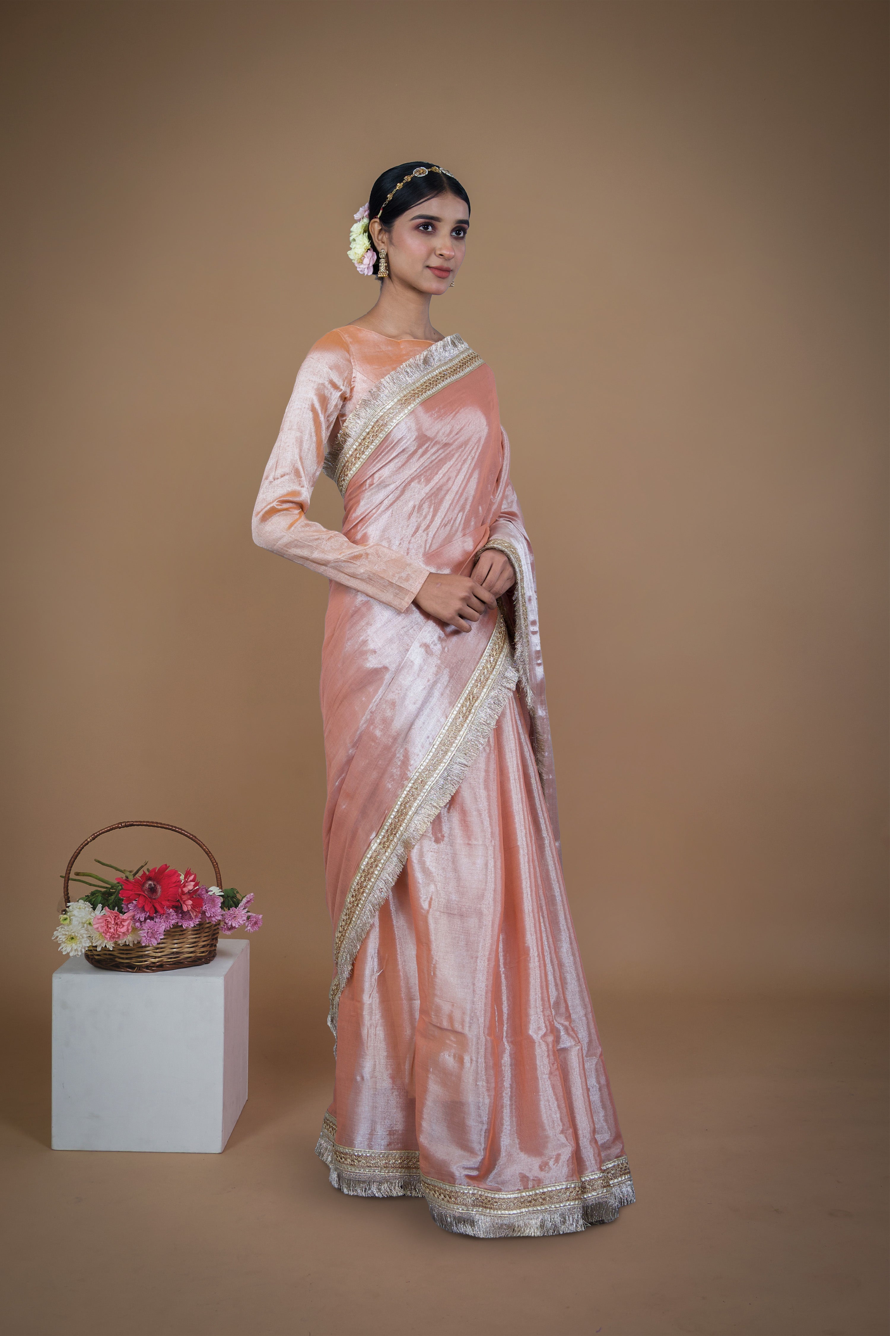 Suvarna I Neon orange handwoven tissue saree with matte gold lace