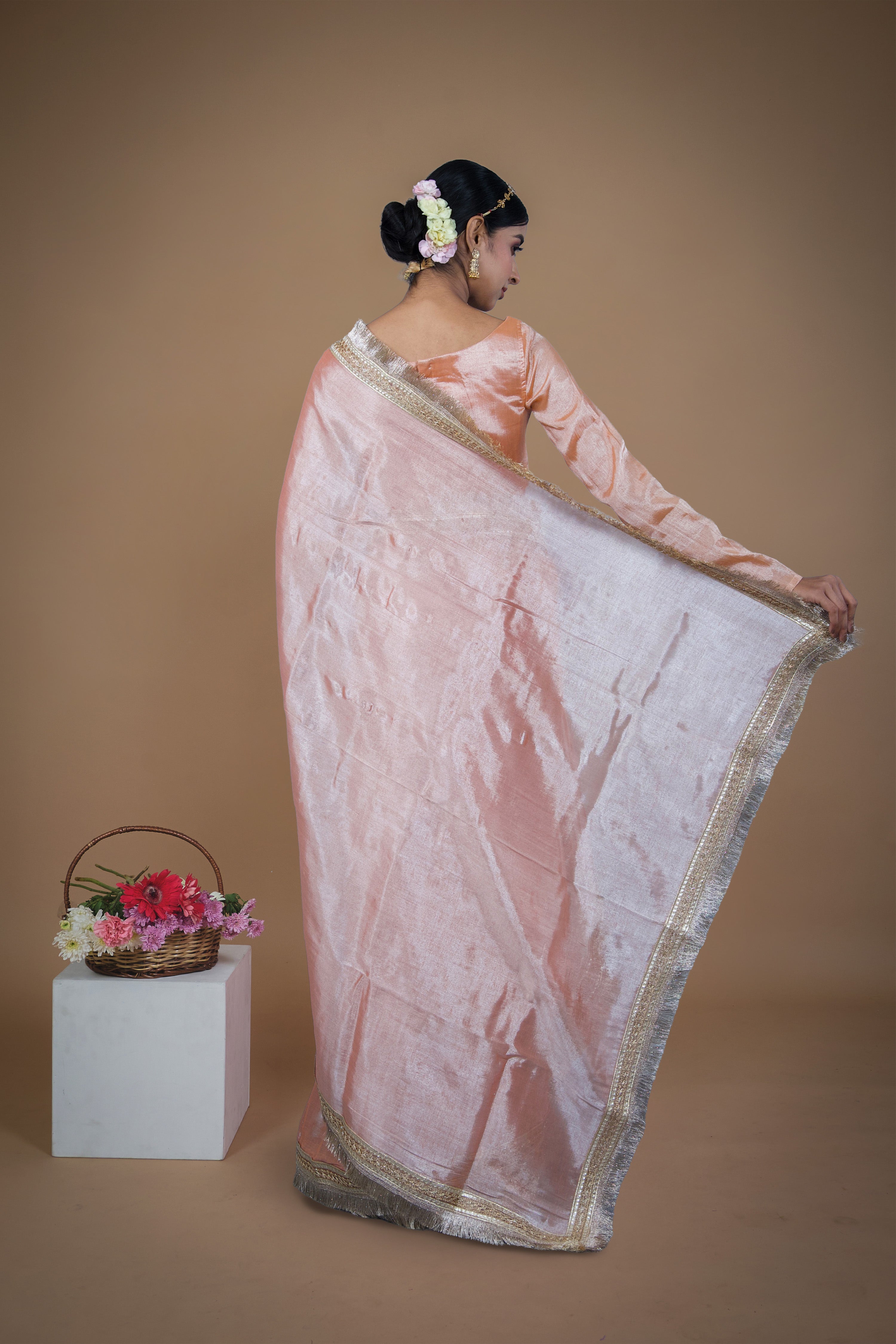 Suvarna I Neon orange handwoven tissue saree with matte gold lace