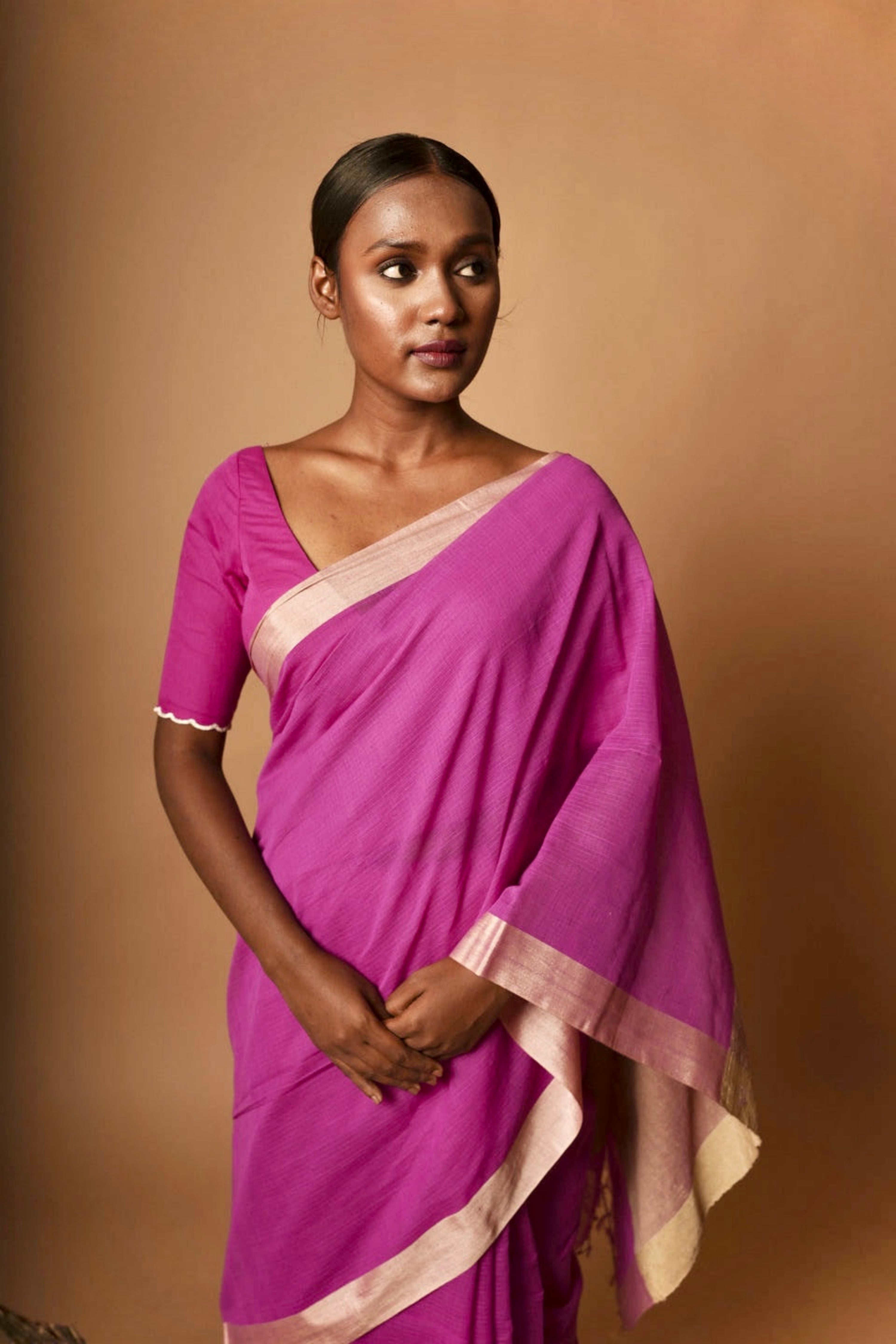 Violetta I Raspberry Pink Cotton Saree with Ghicha Pallu