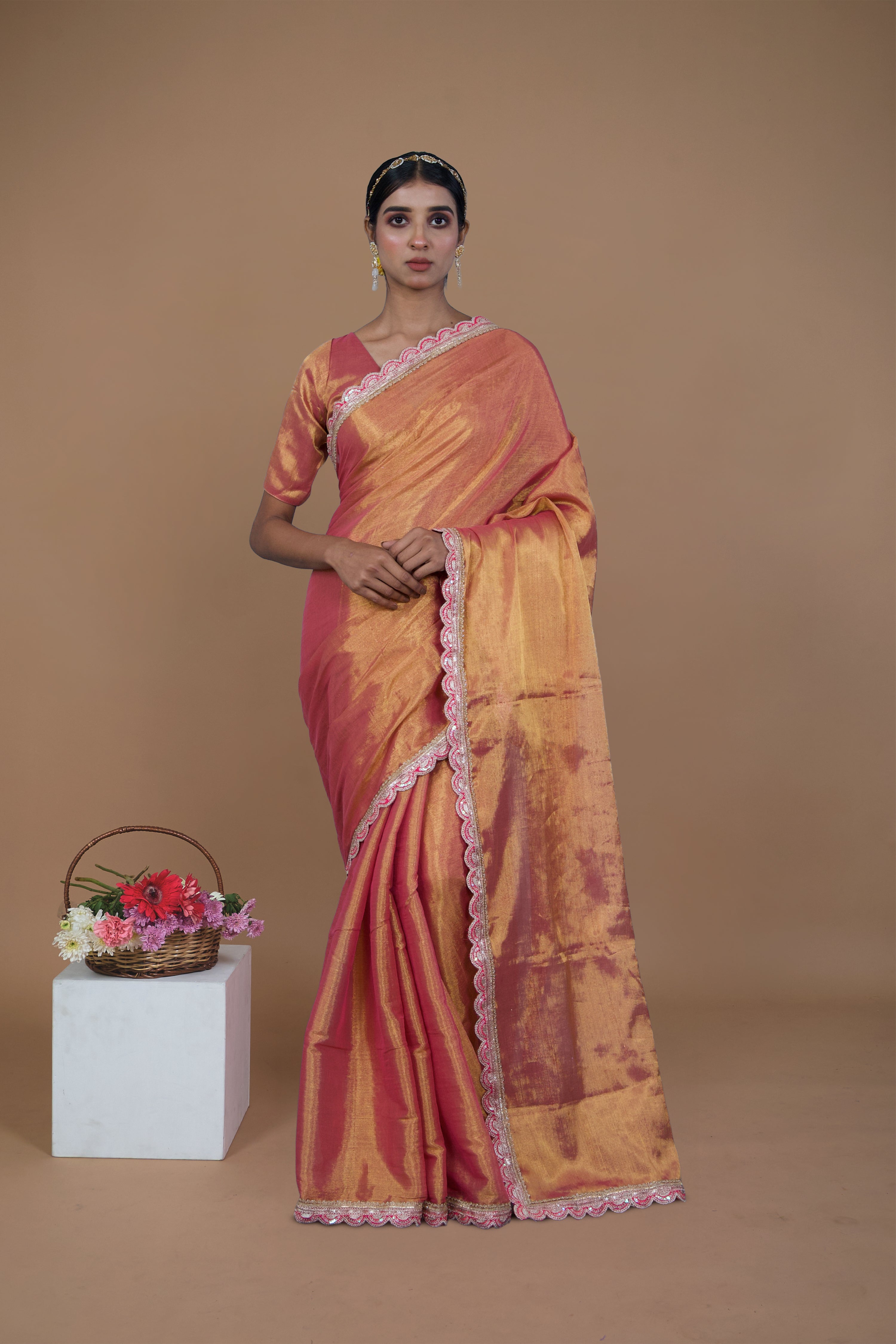 Arunika I Pink handwoven tissue saree with scalloped lace