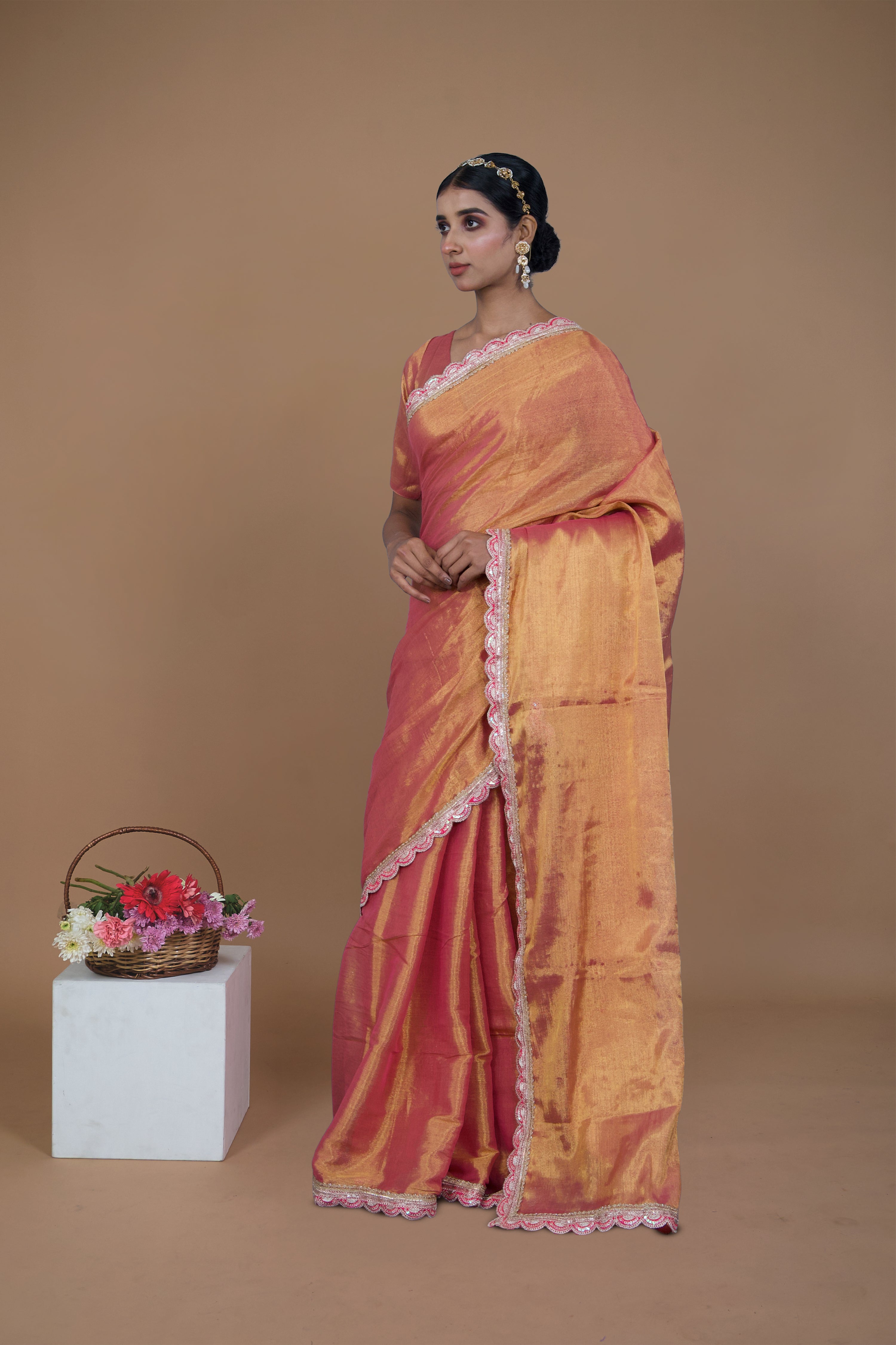 Arunika I Pink handwoven tissue saree with scalloped lace