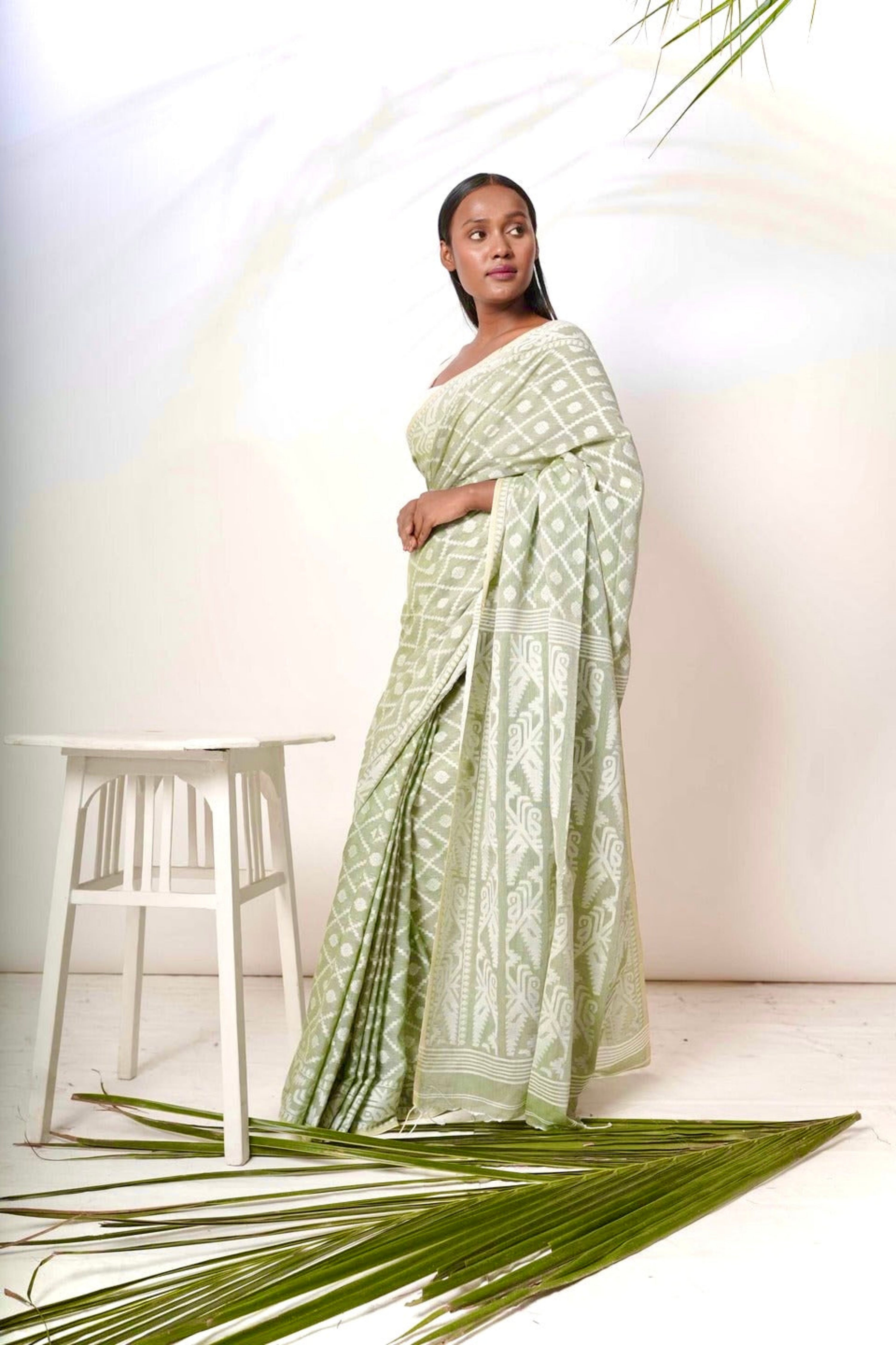 Mistfall I Sage Green Cotton Saree with White Jacquard