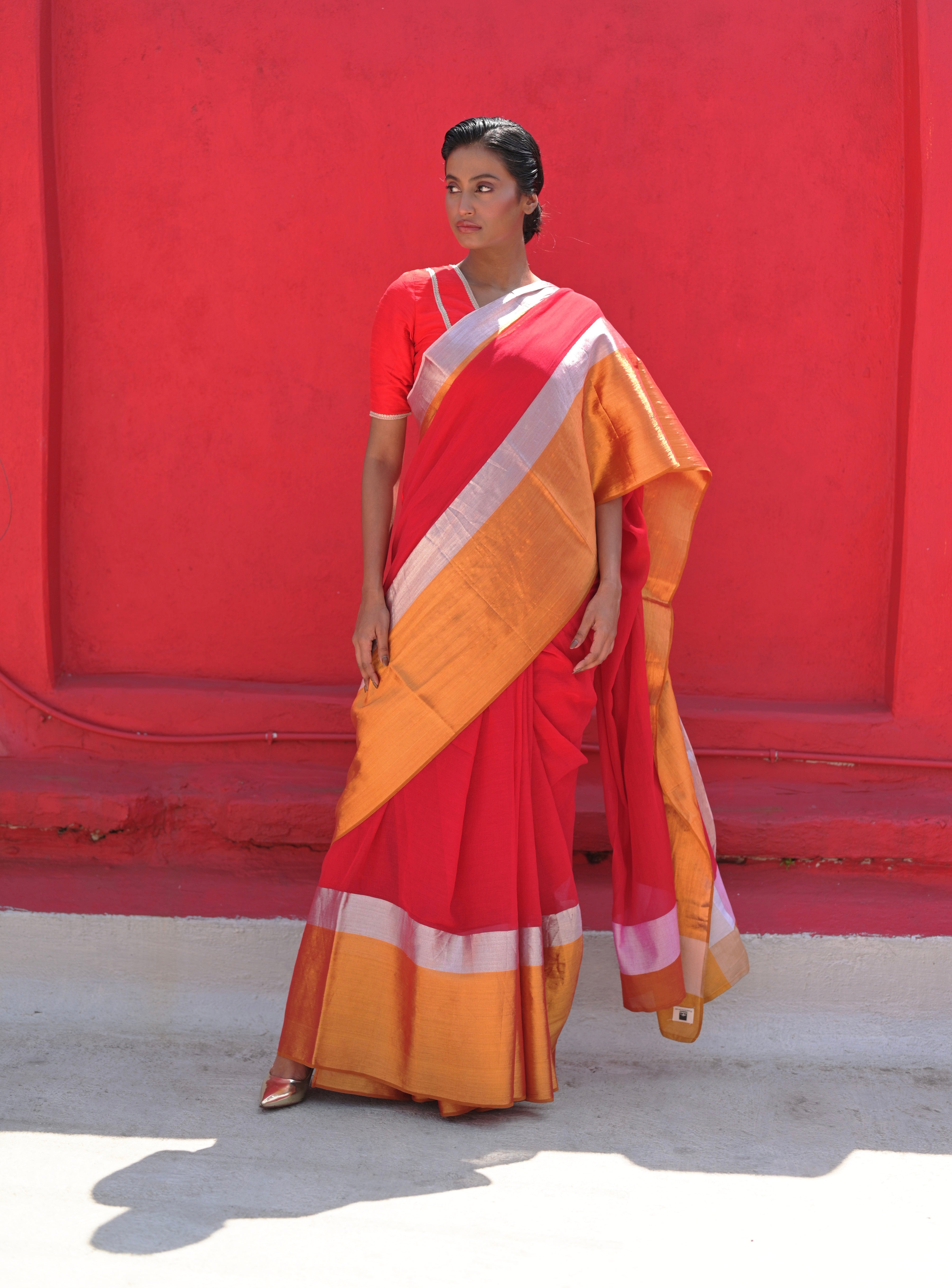 Angana I Red Handloom Cotton Saree With Silver and Golden Border