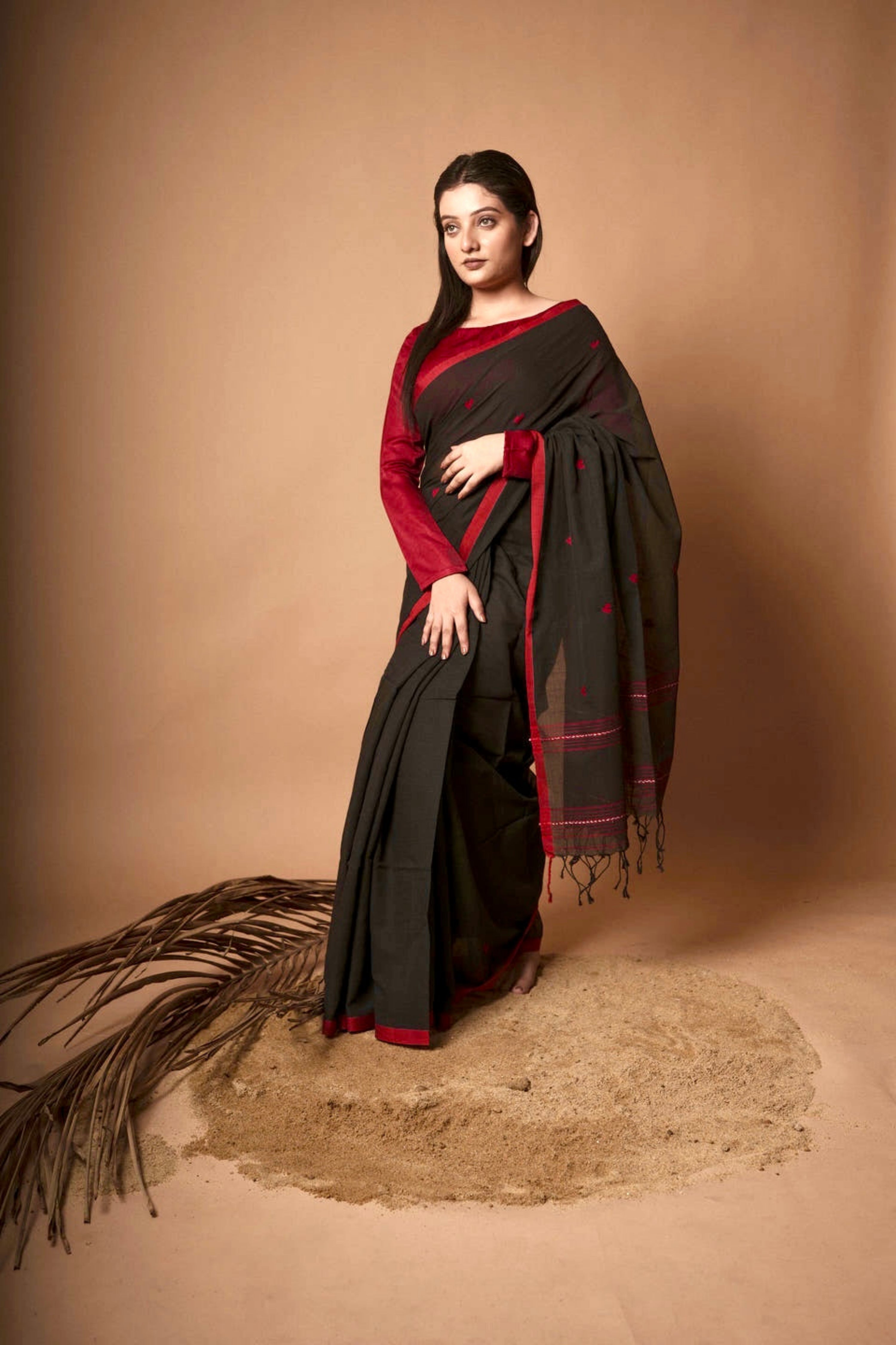 Nocturne I  Black cotton saree with red heart motifs