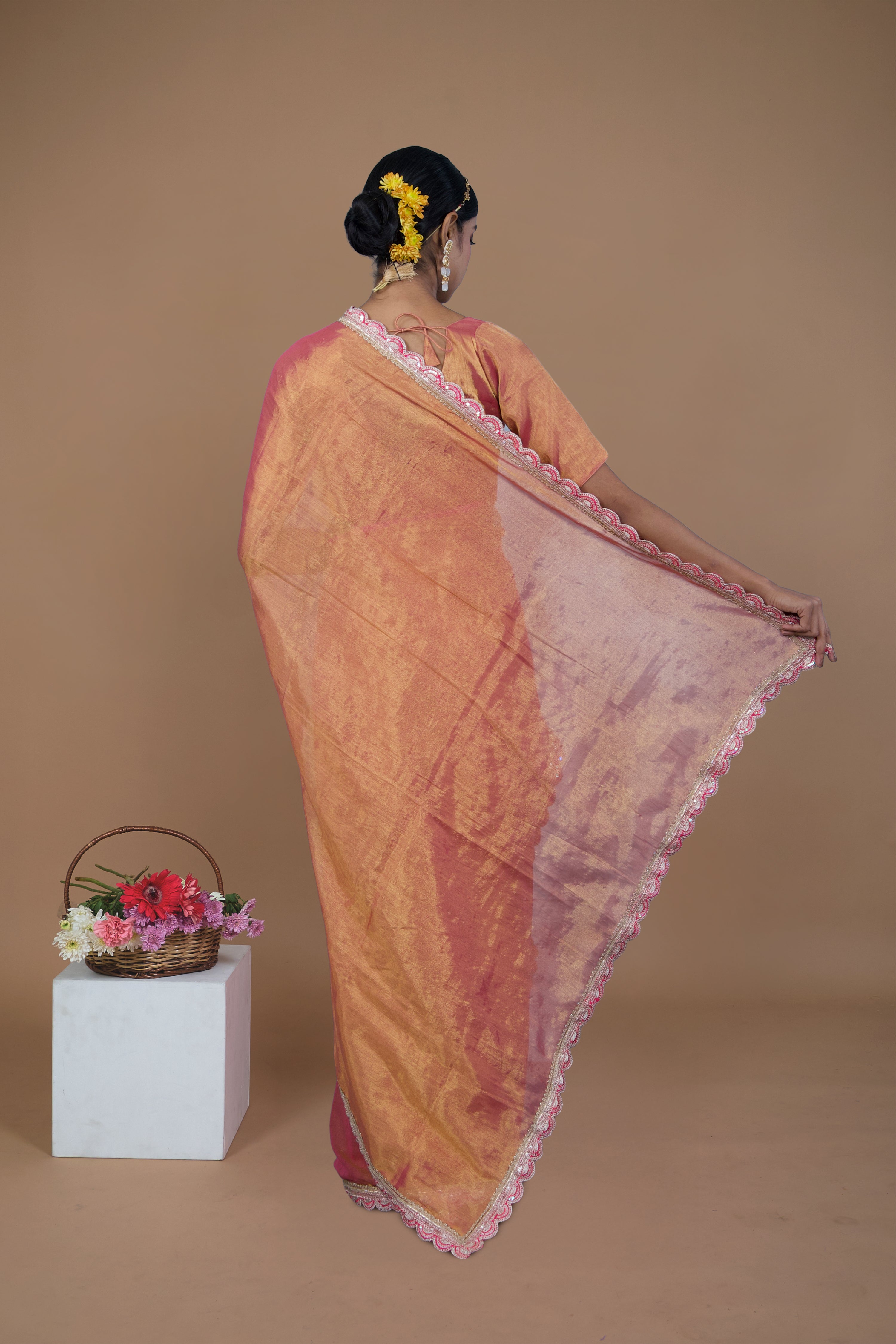 Arunika I Pink handwoven tissue saree with scalloped lace
