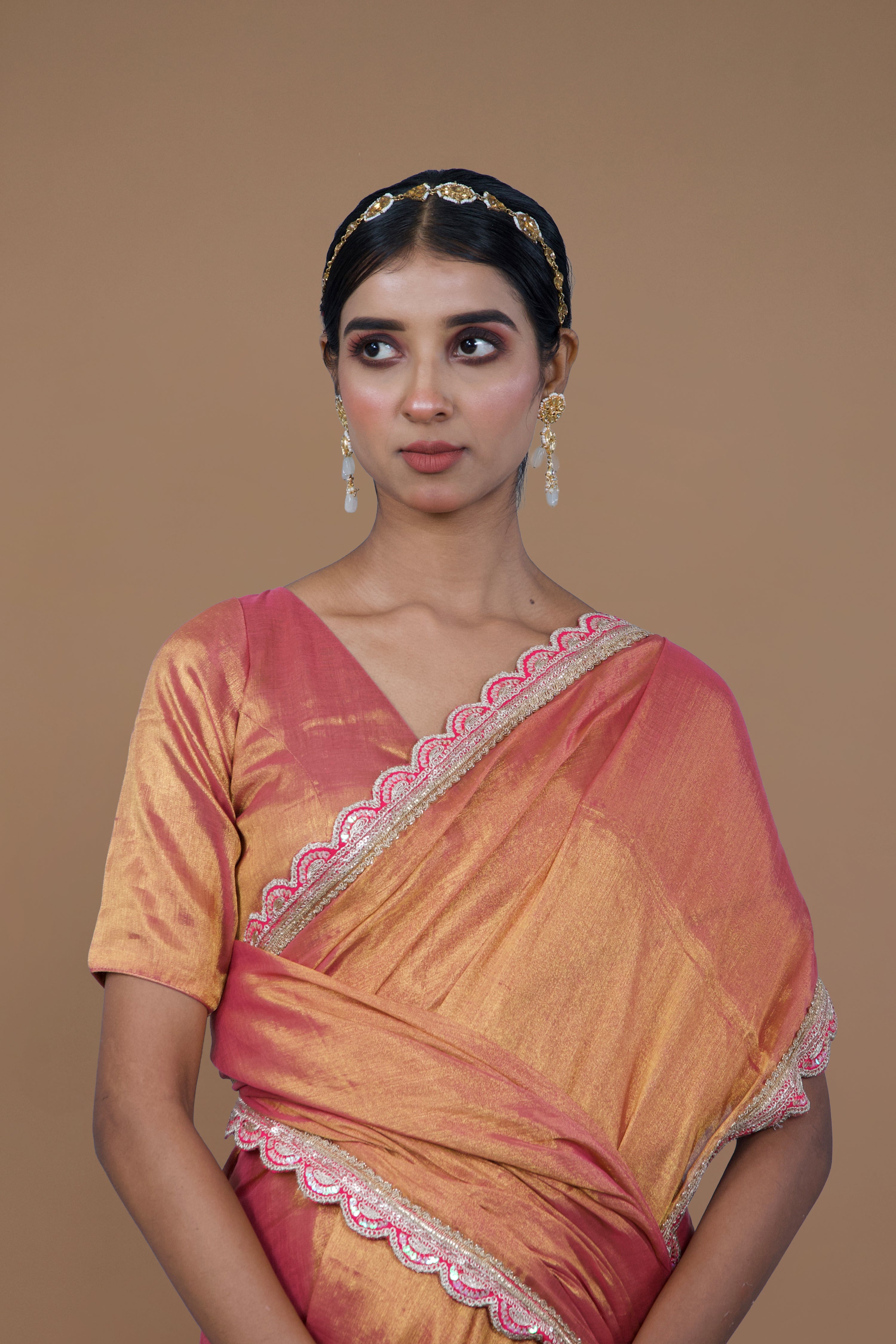 Arunika I Pink handwoven tissue saree with scalloped lace