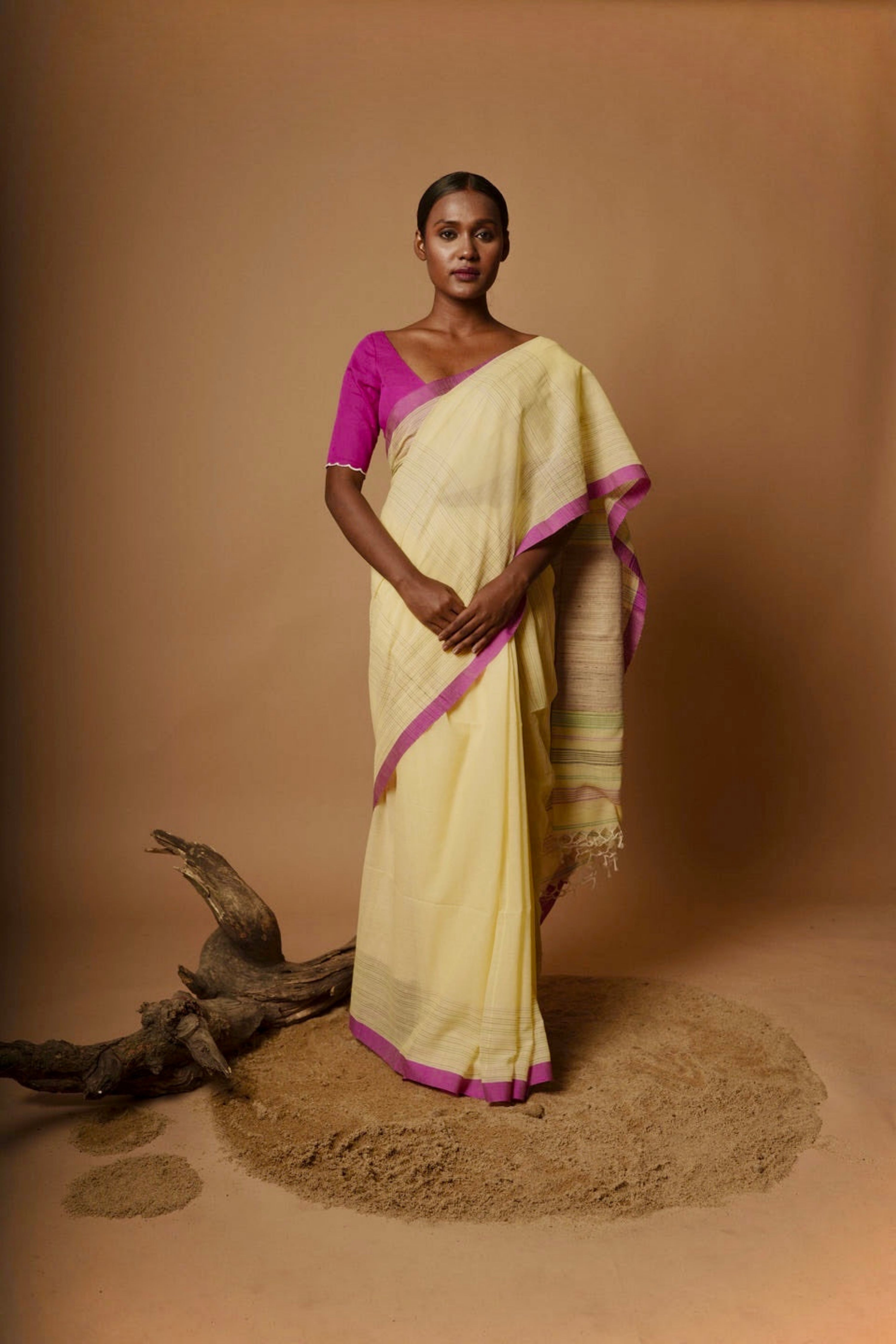 Goldenrod I Yellow and Pink Cotton Saree