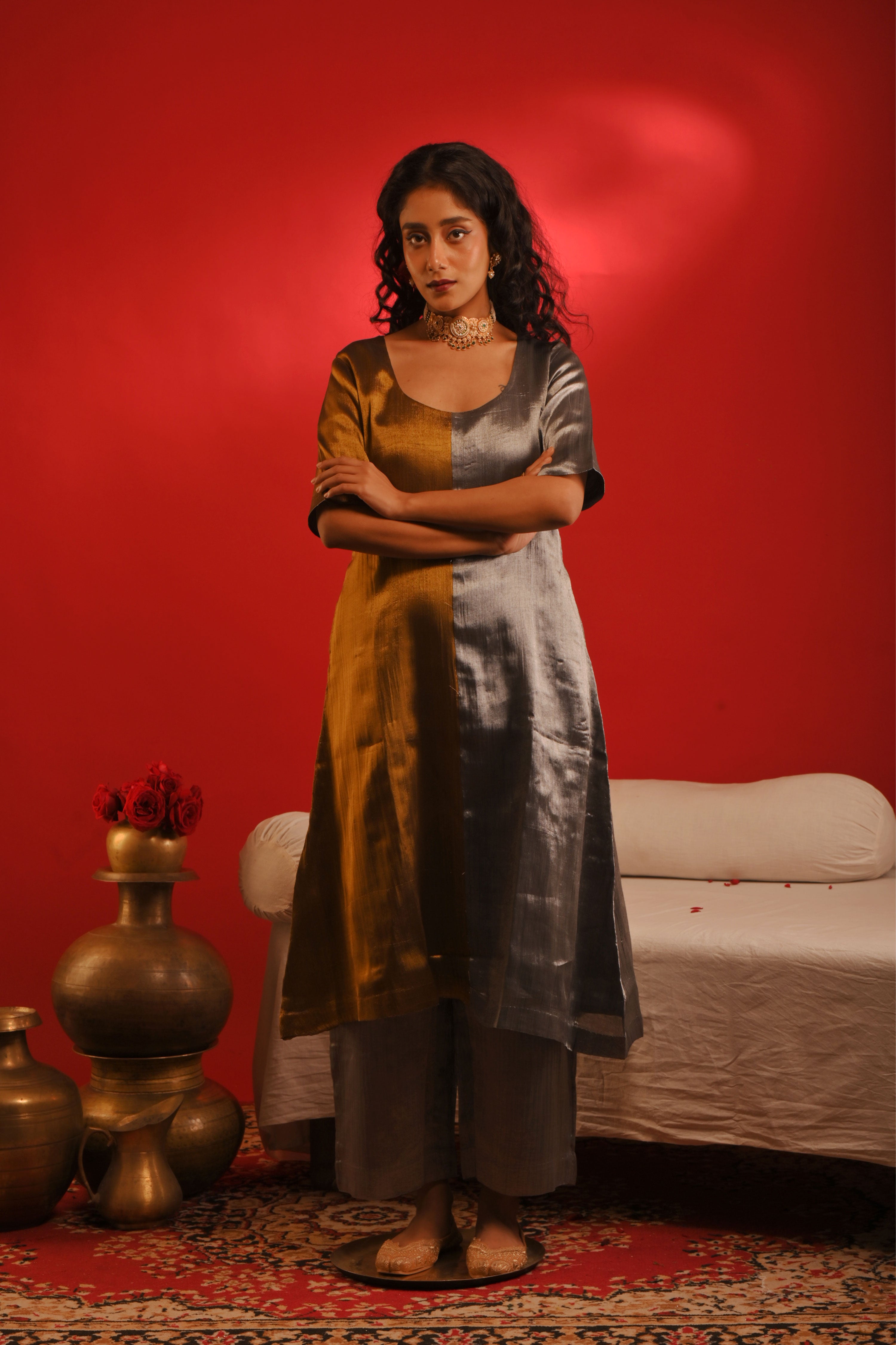 Nishaali I Golden and Silver handloom tissue kurta pant set