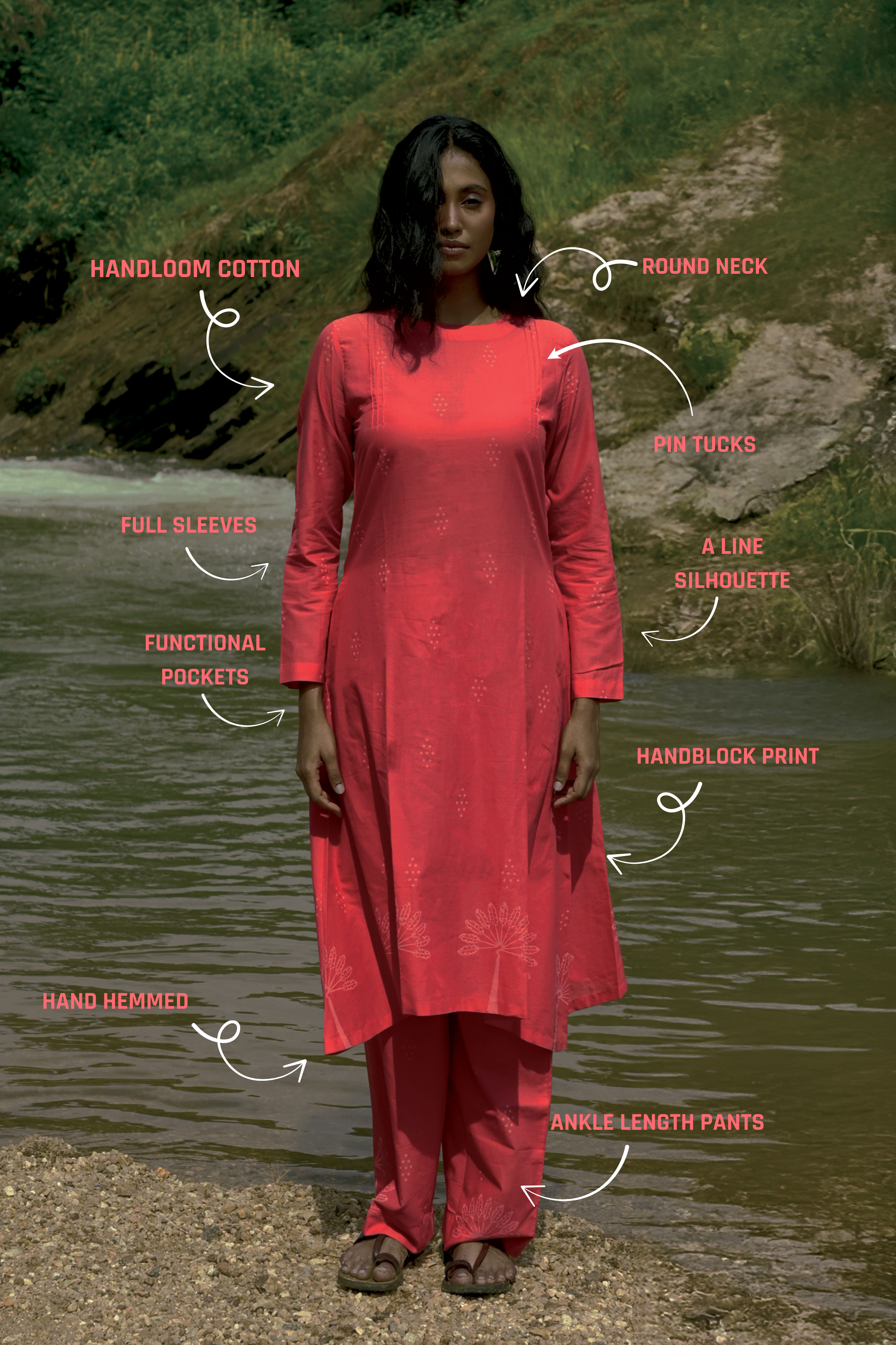 Tavi I Red Cotton Hand Block printed Kurta-pant set