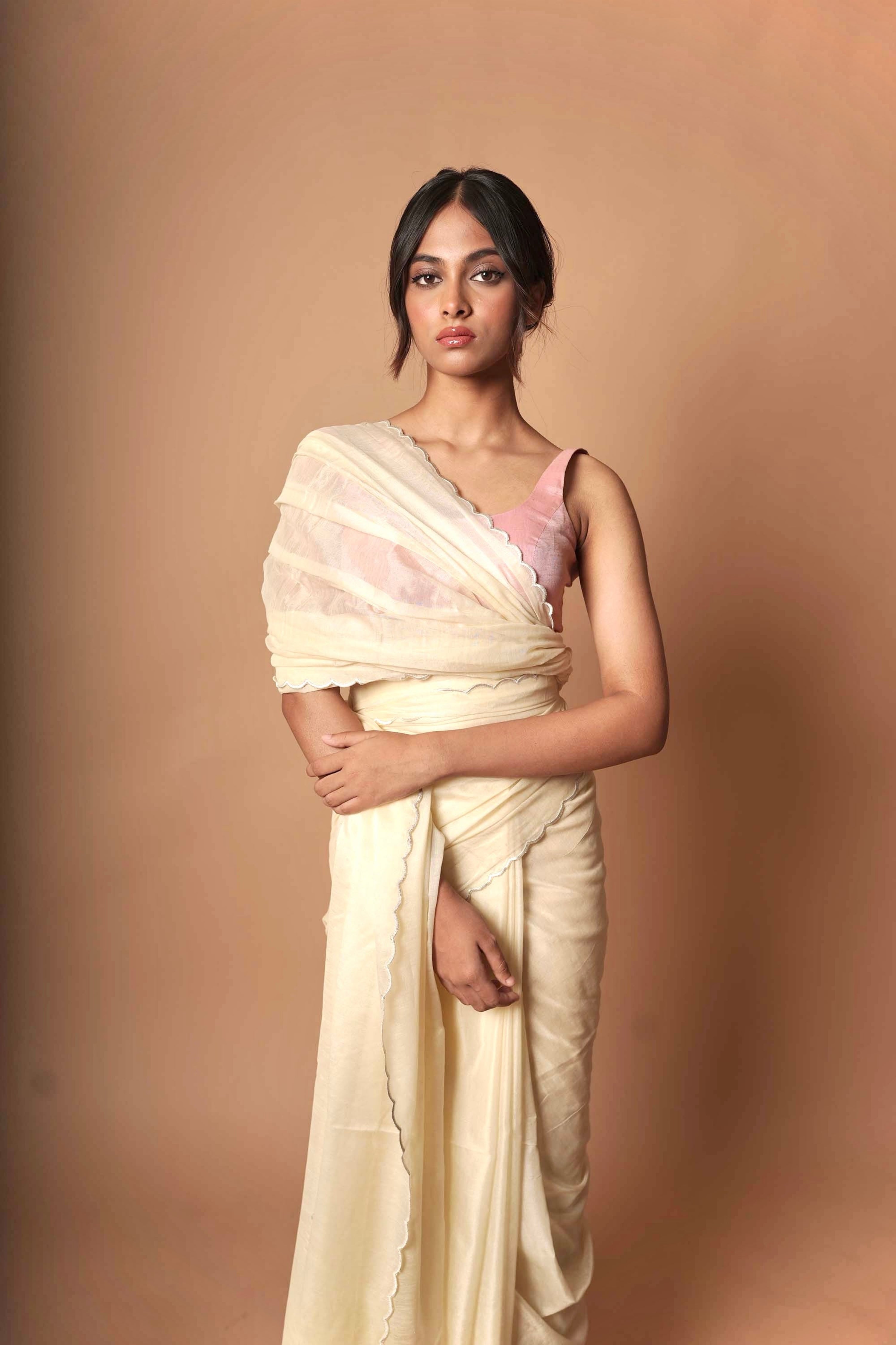 Cascading Moonlight I White Scallop Border Saree