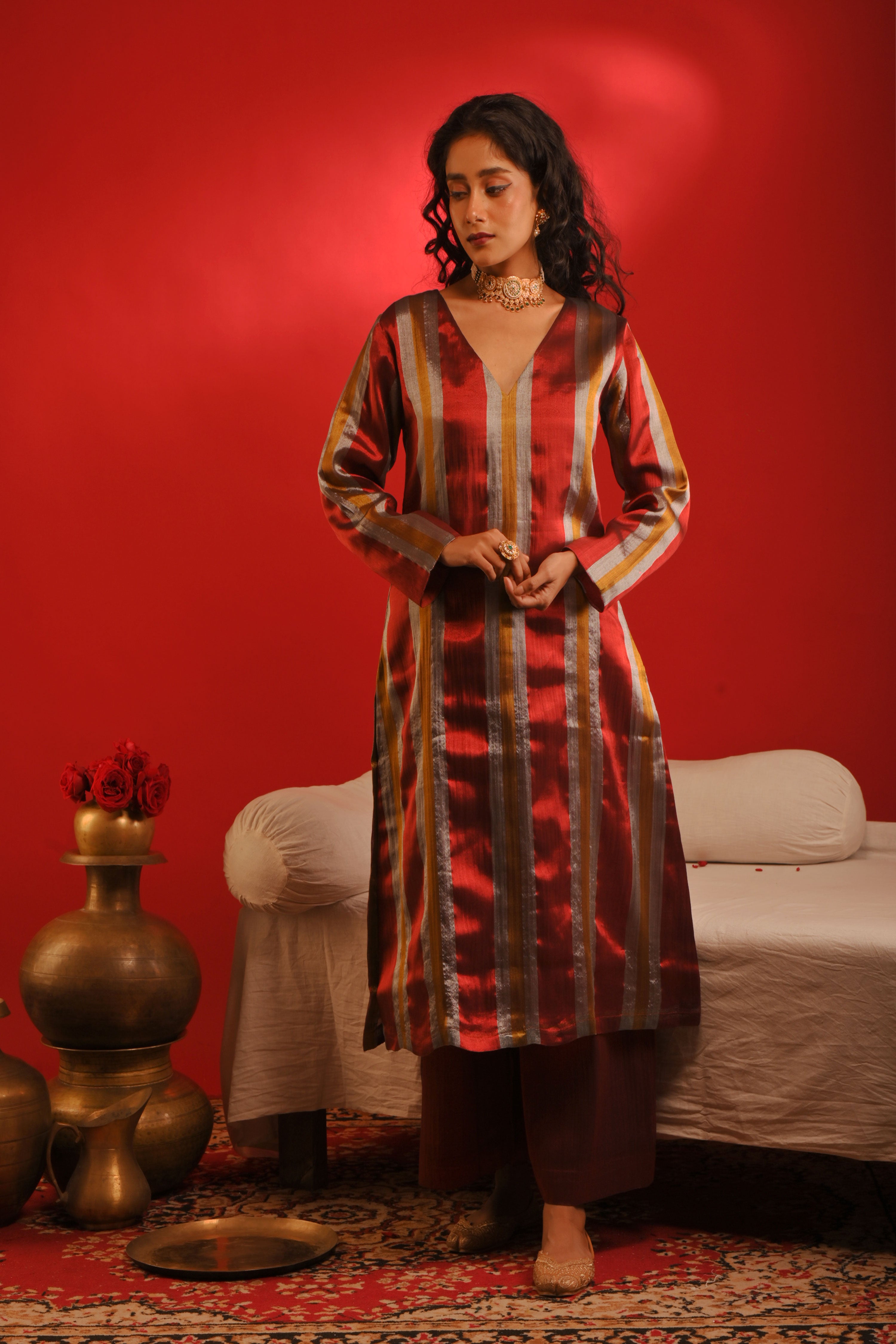 Anvaya I Multicoloured stripe handloom tissue kurta pant set