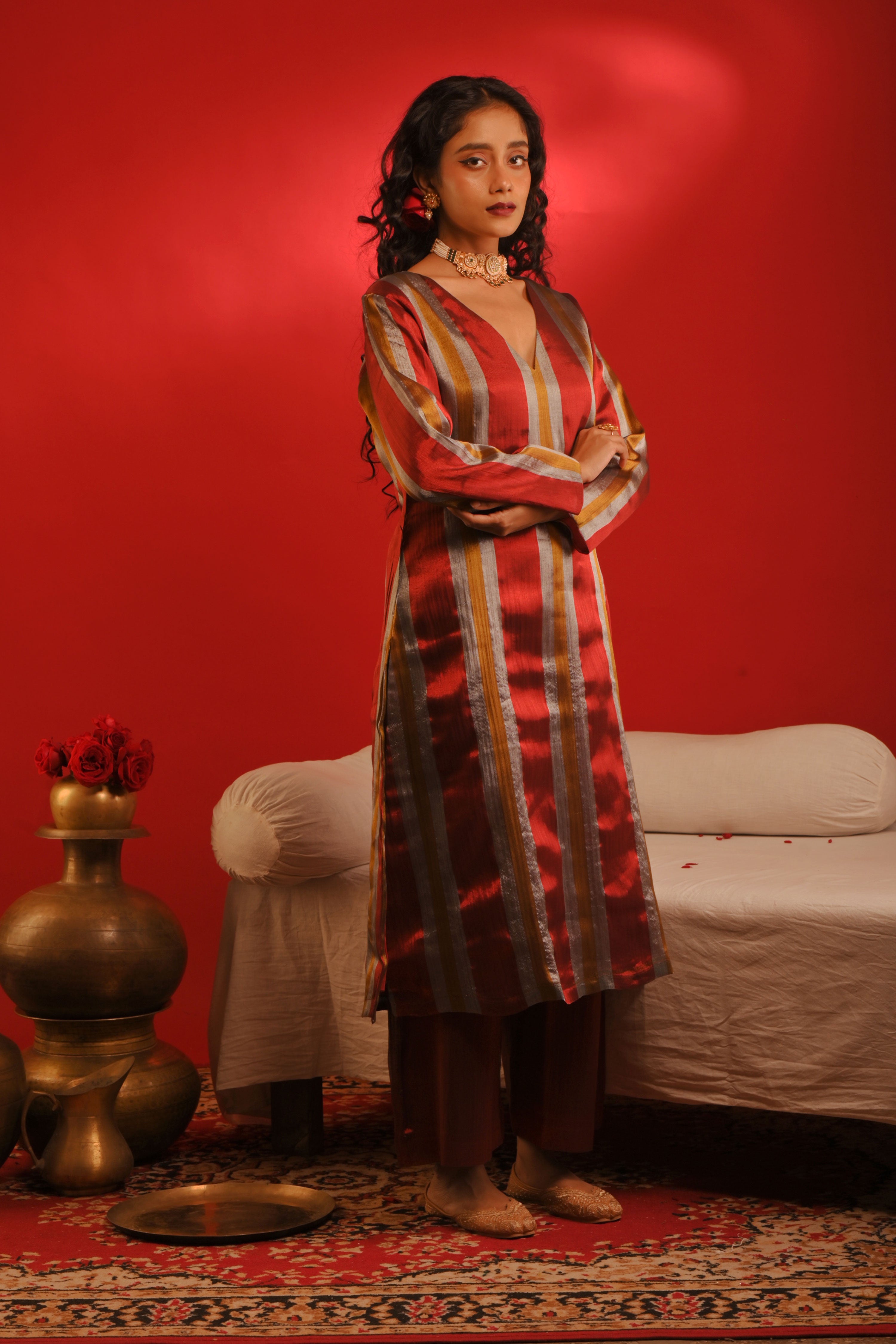 Anvaya I Multicoloured stripe handloom tissue kurta pant set