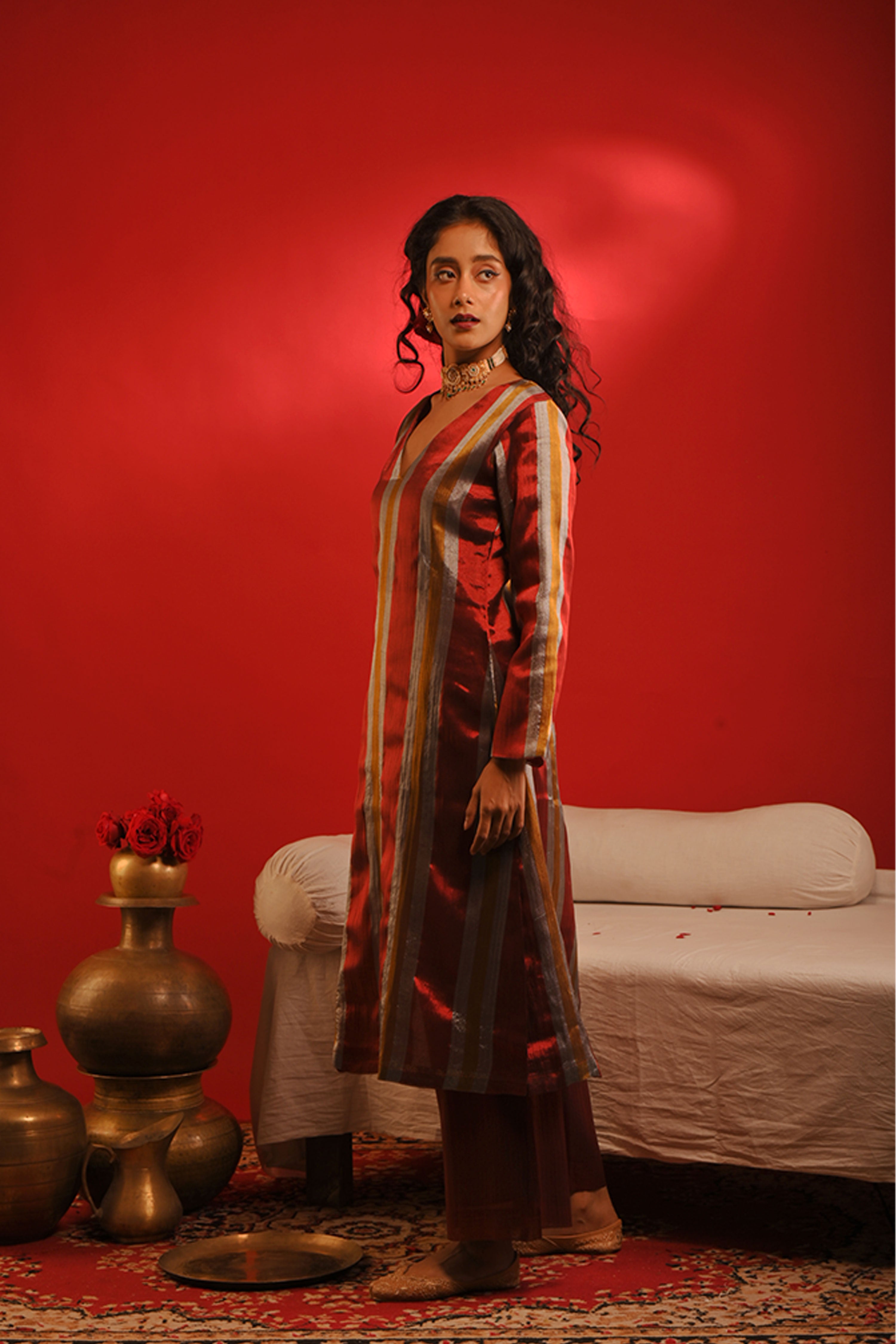 Anvaya I Multicoloured stripe handloom tissue kurta pant set