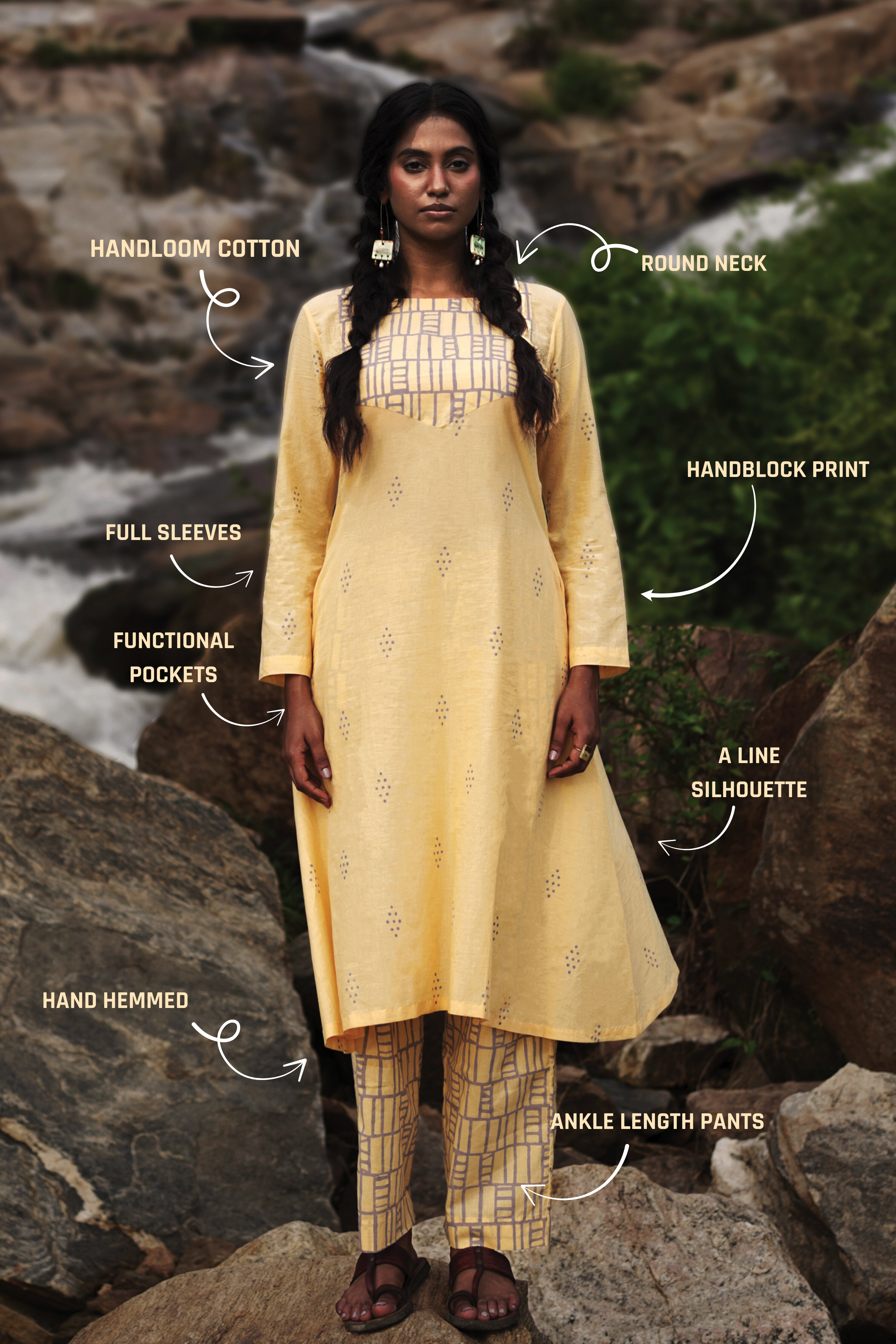 Isha I Yellow Cotton Hand Block printed Kurta-pant set
