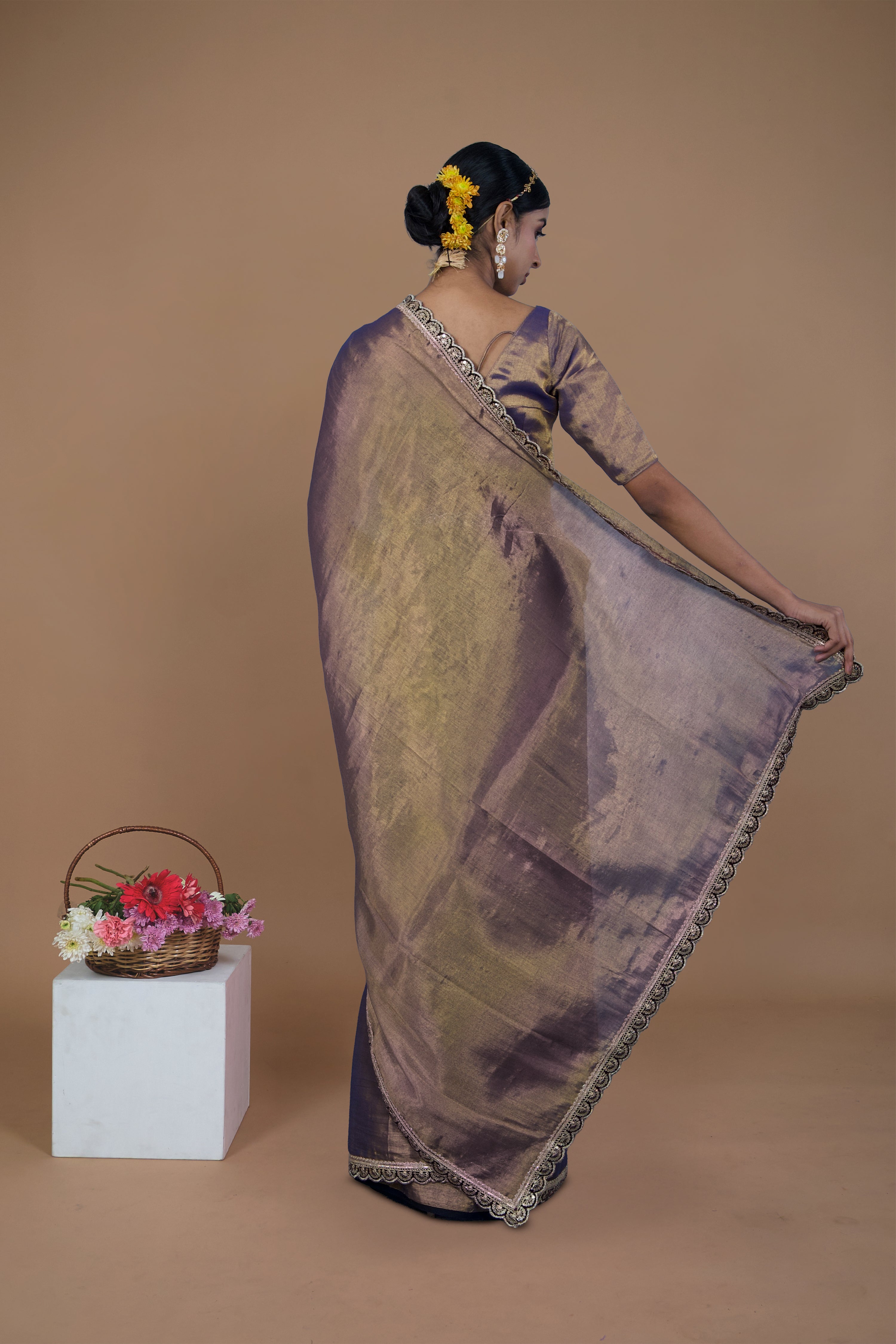 Sharanya I Purple handwoven tissue saree with scalloped lace