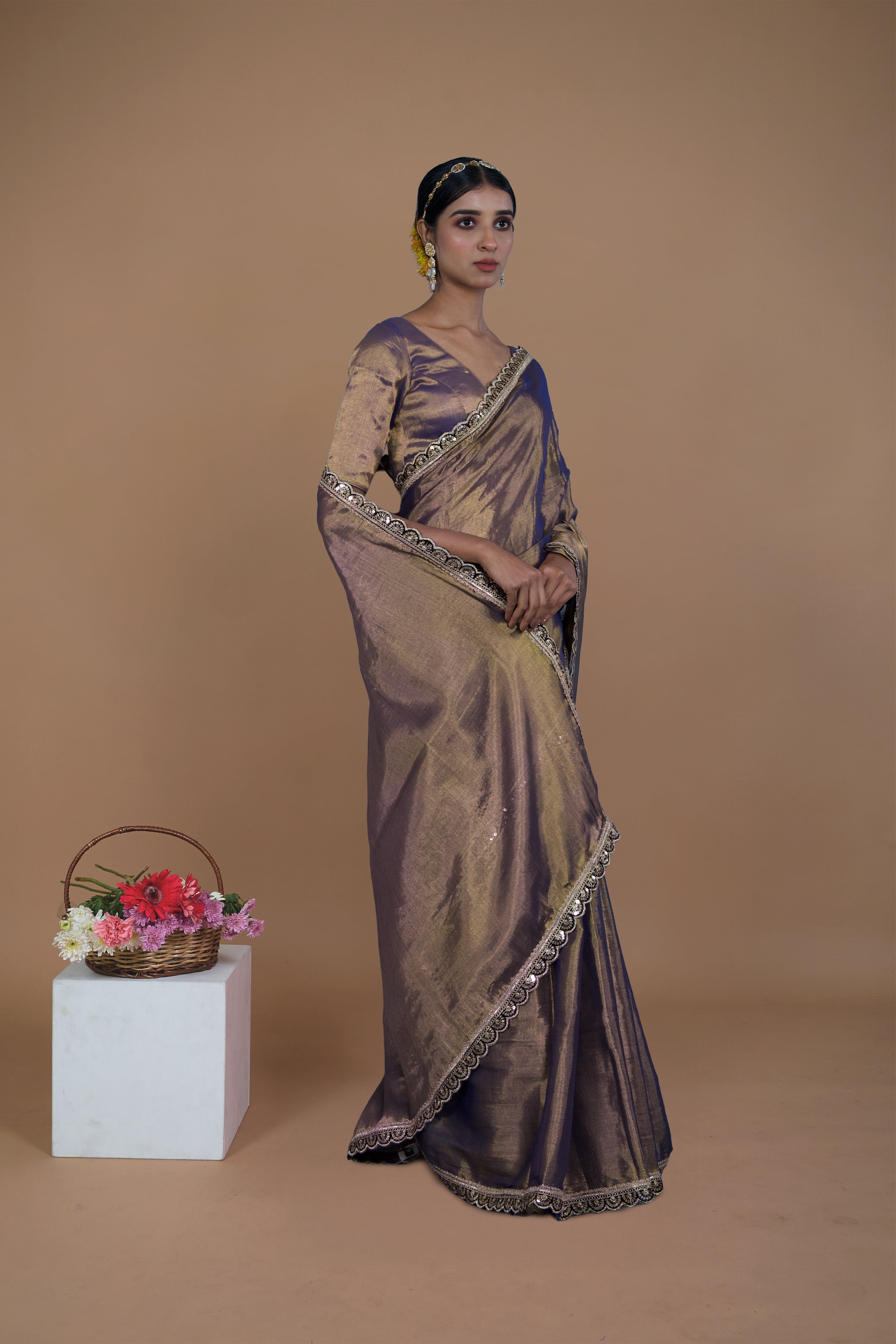 Sharanya I Purple handwoven tissue saree with scalloped lace