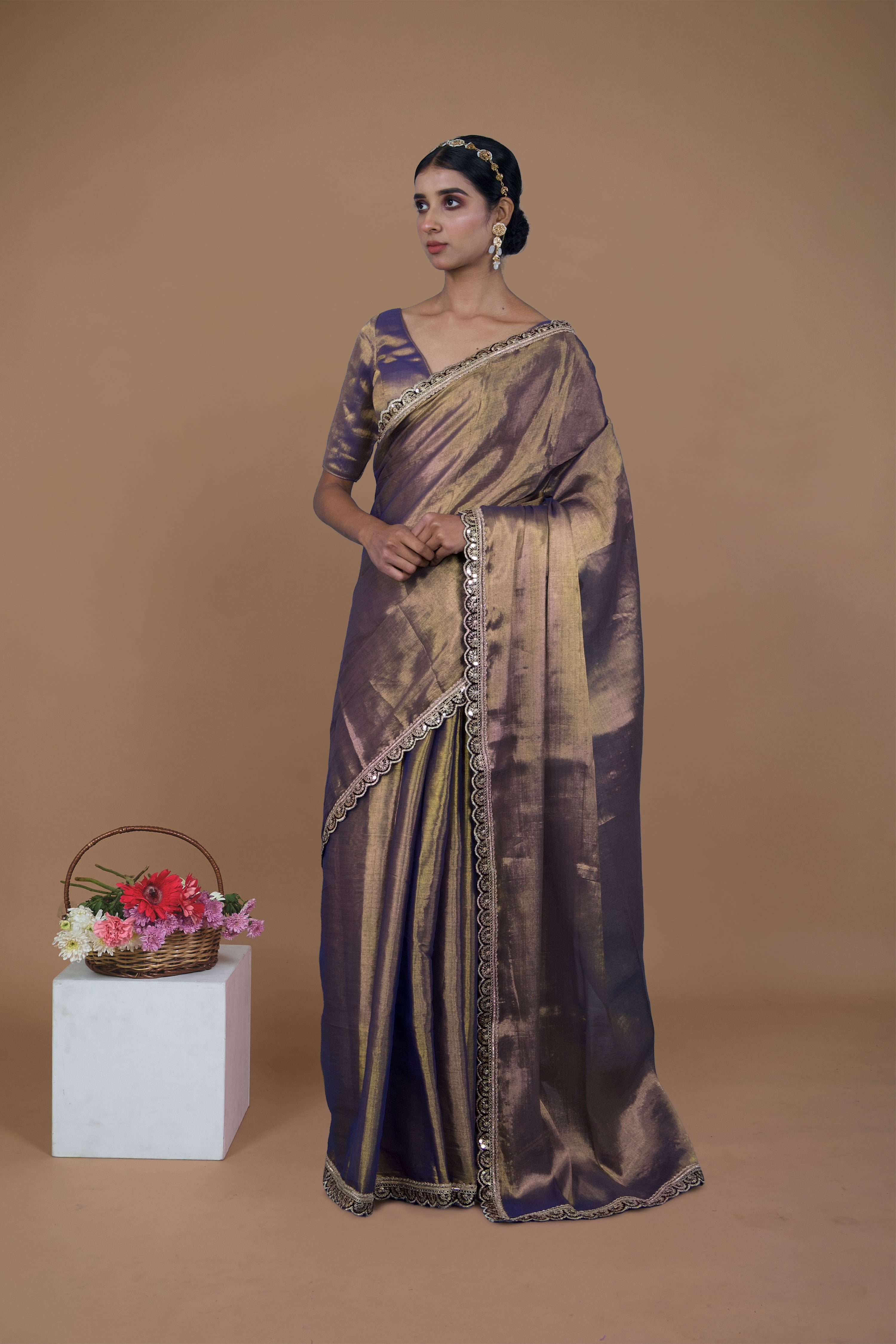 Sharanya I Purple handwoven tissue saree with scalloped lace