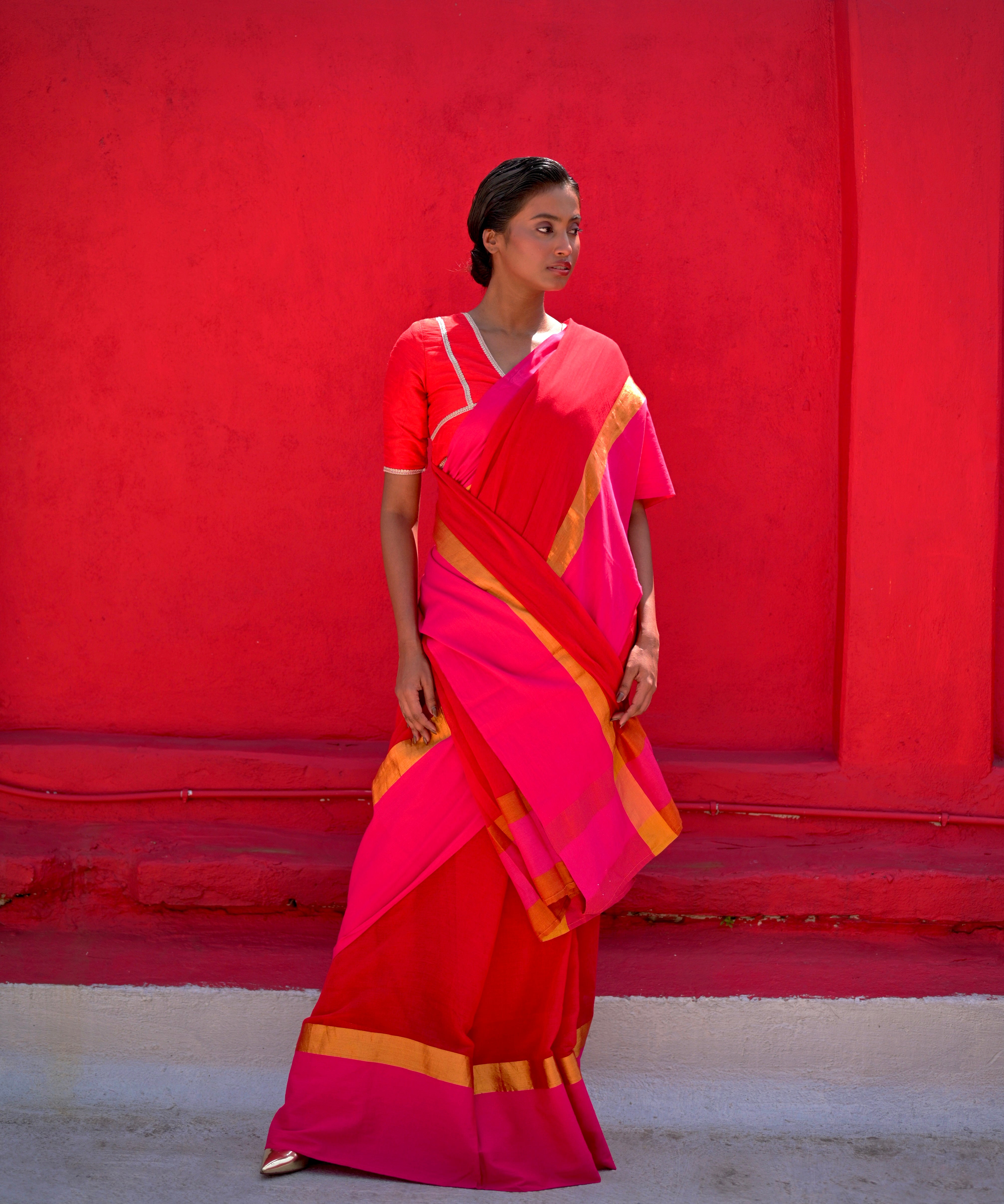 Dayita I Red Handloom Cotton Saree with Pink and Golden Border