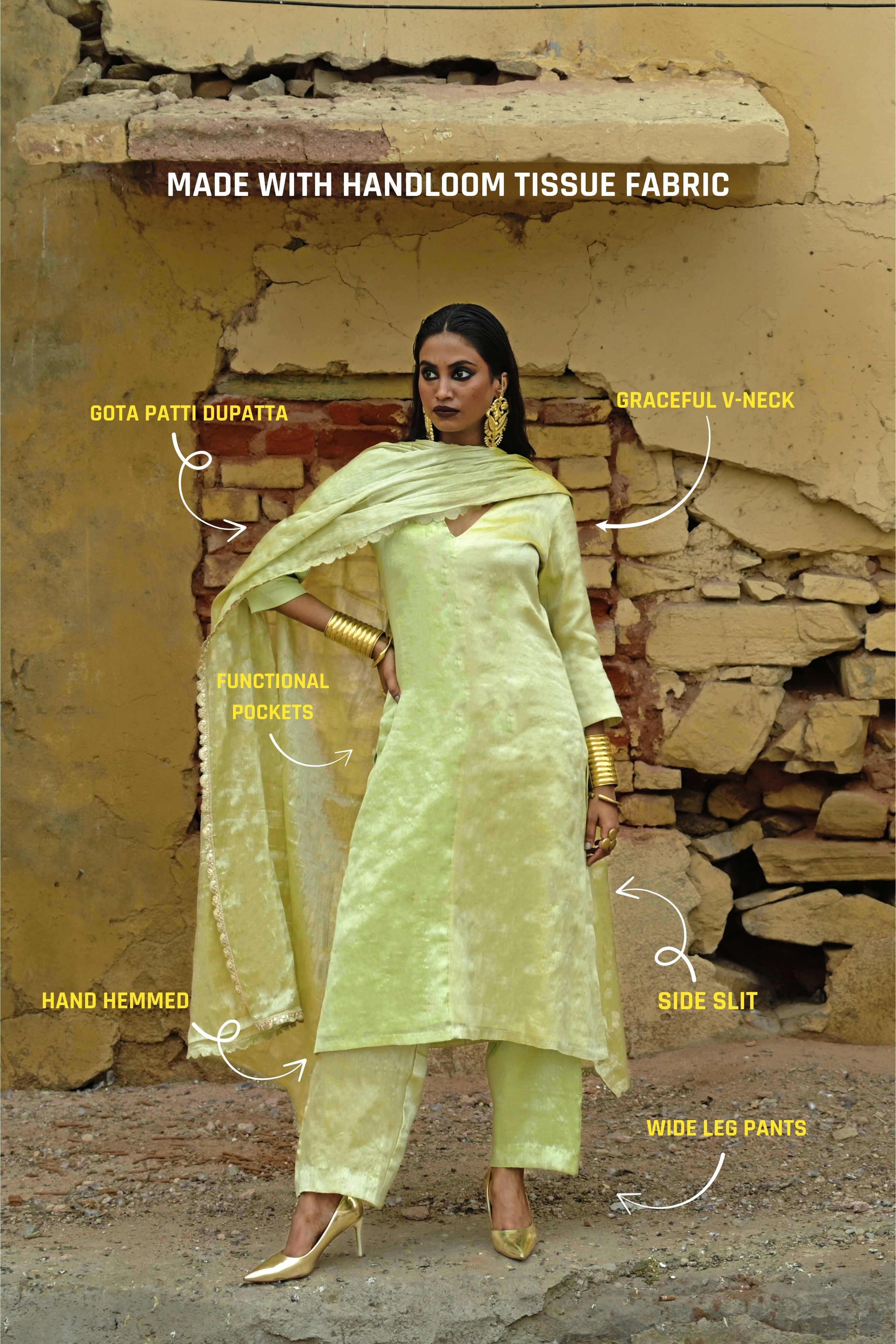 Akshata I Neon green and neon olive handloom tissue kurta pant set with Dupatta