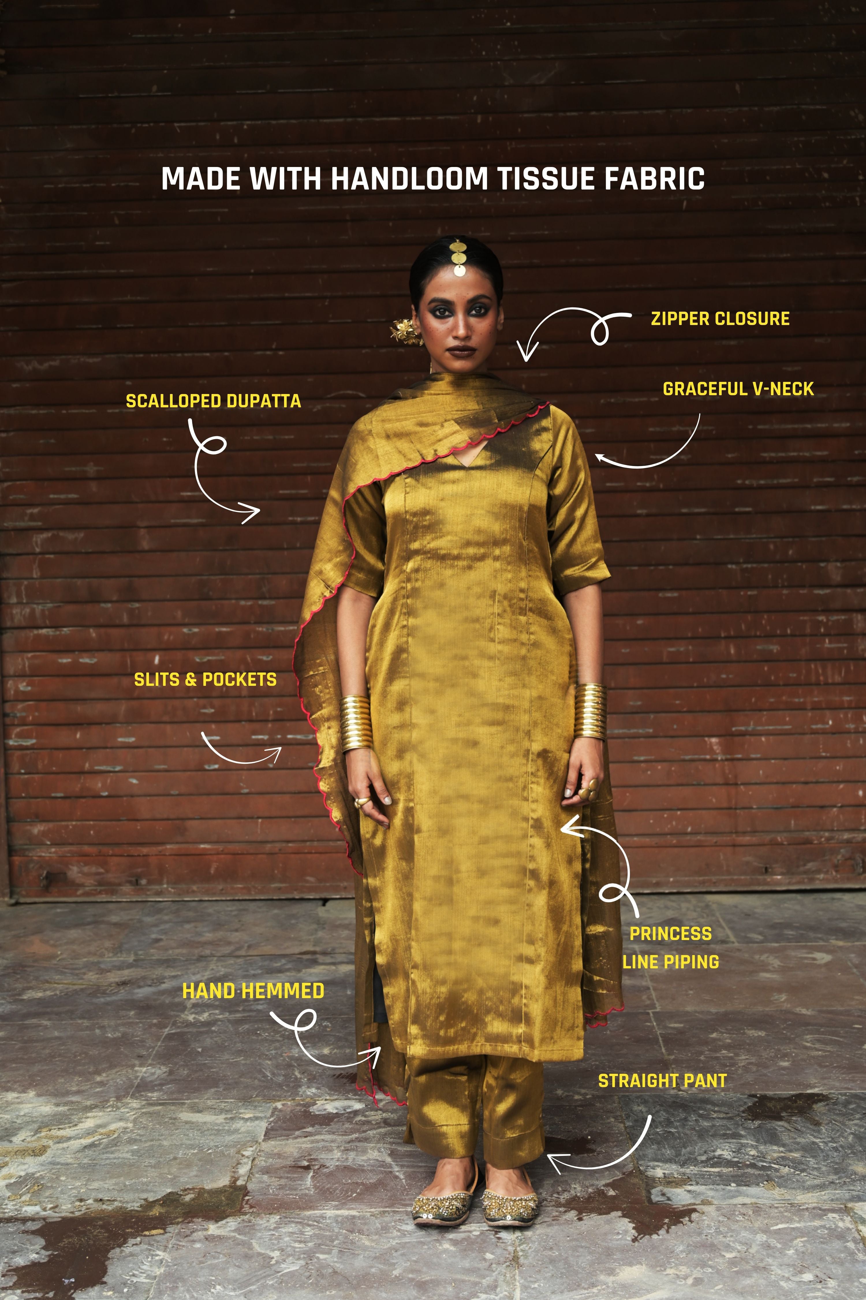 Swarnaya I Golden Handloom Tissue Kurta Pant Set with Dupatta