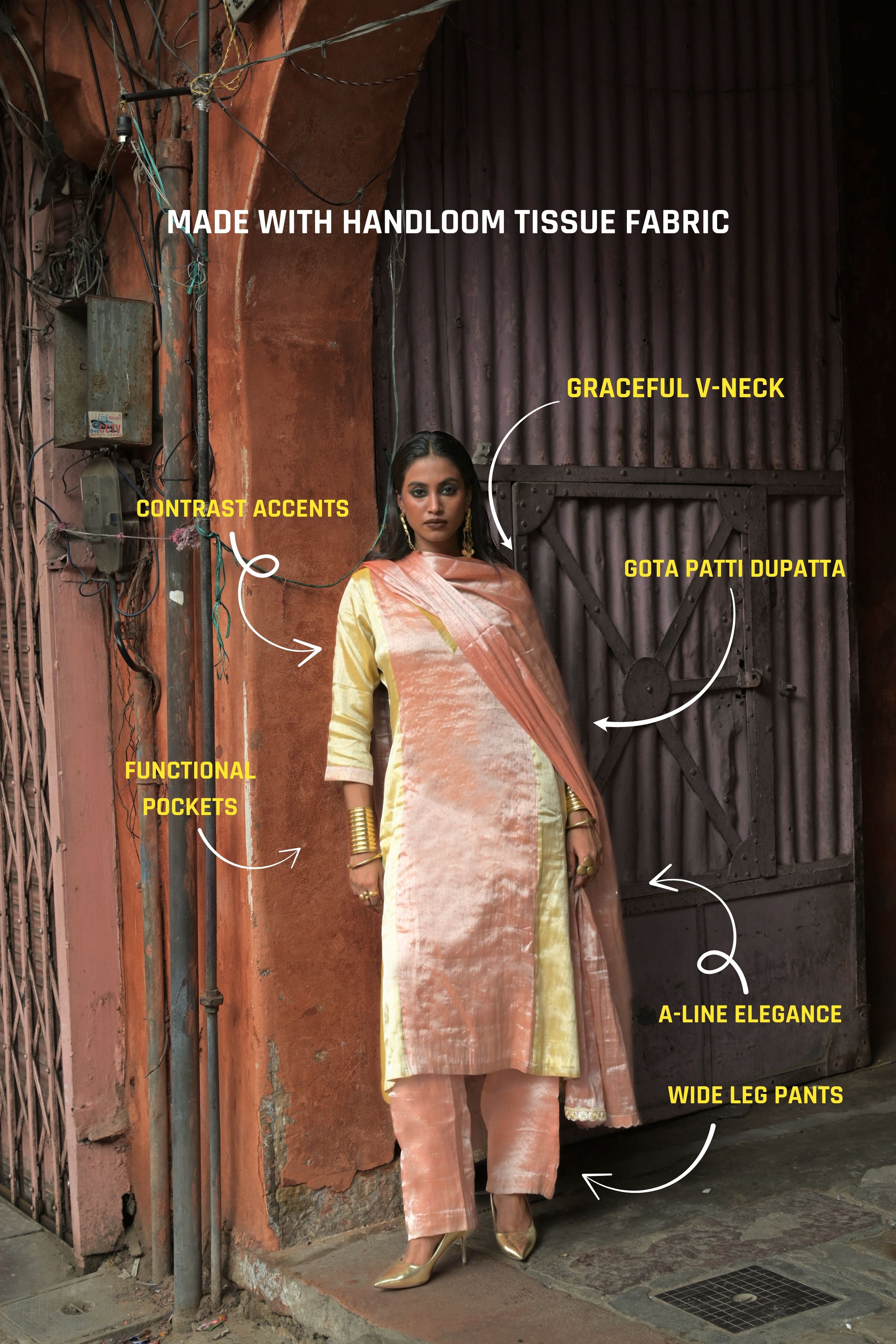 Amaraya I Neon orange and  neon yellow double colour Handloom Tissue Kurta pant set with Dupatta