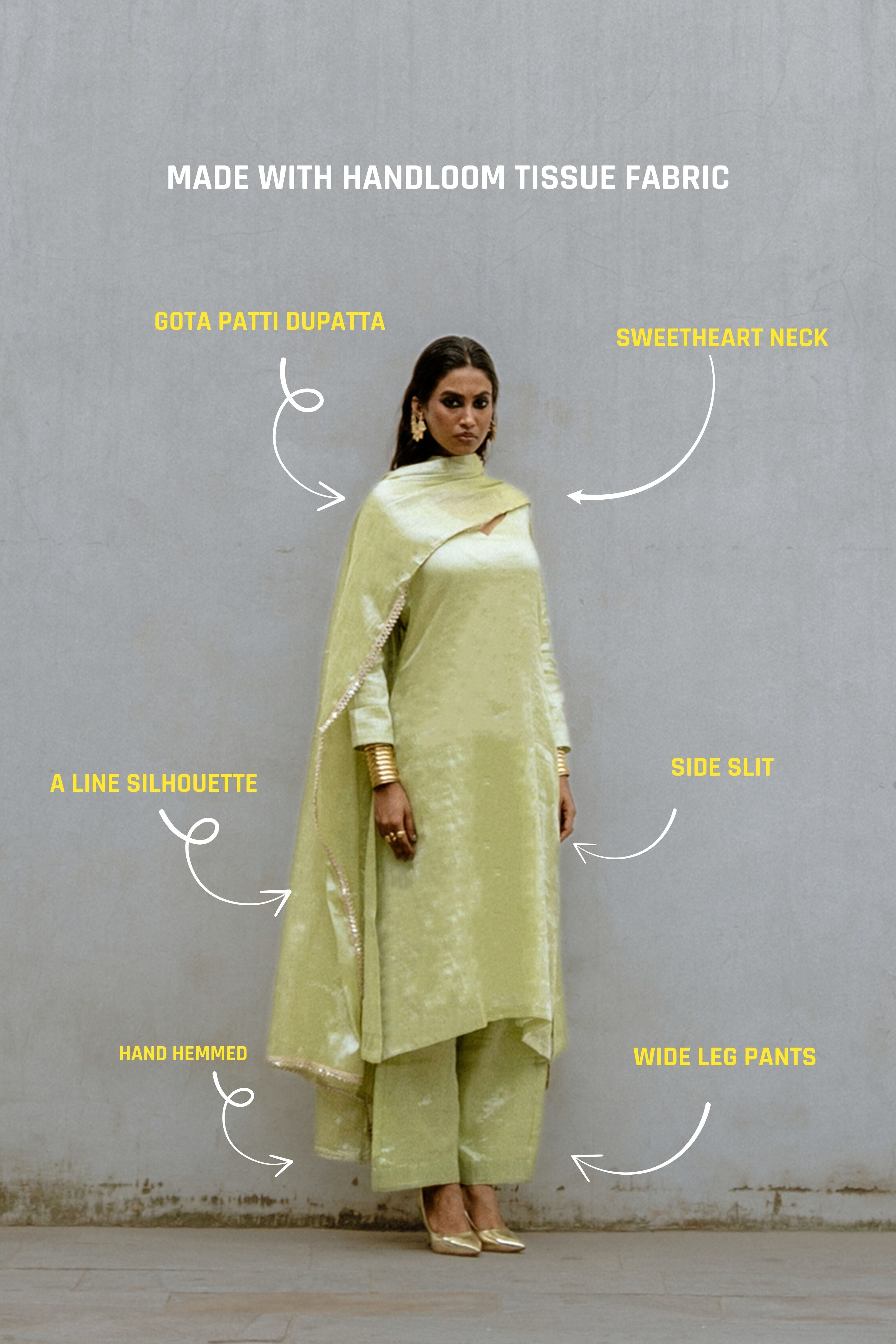 Avyaya I Neon Green Handloom Tissue Kurta Pant Set with Dupatta