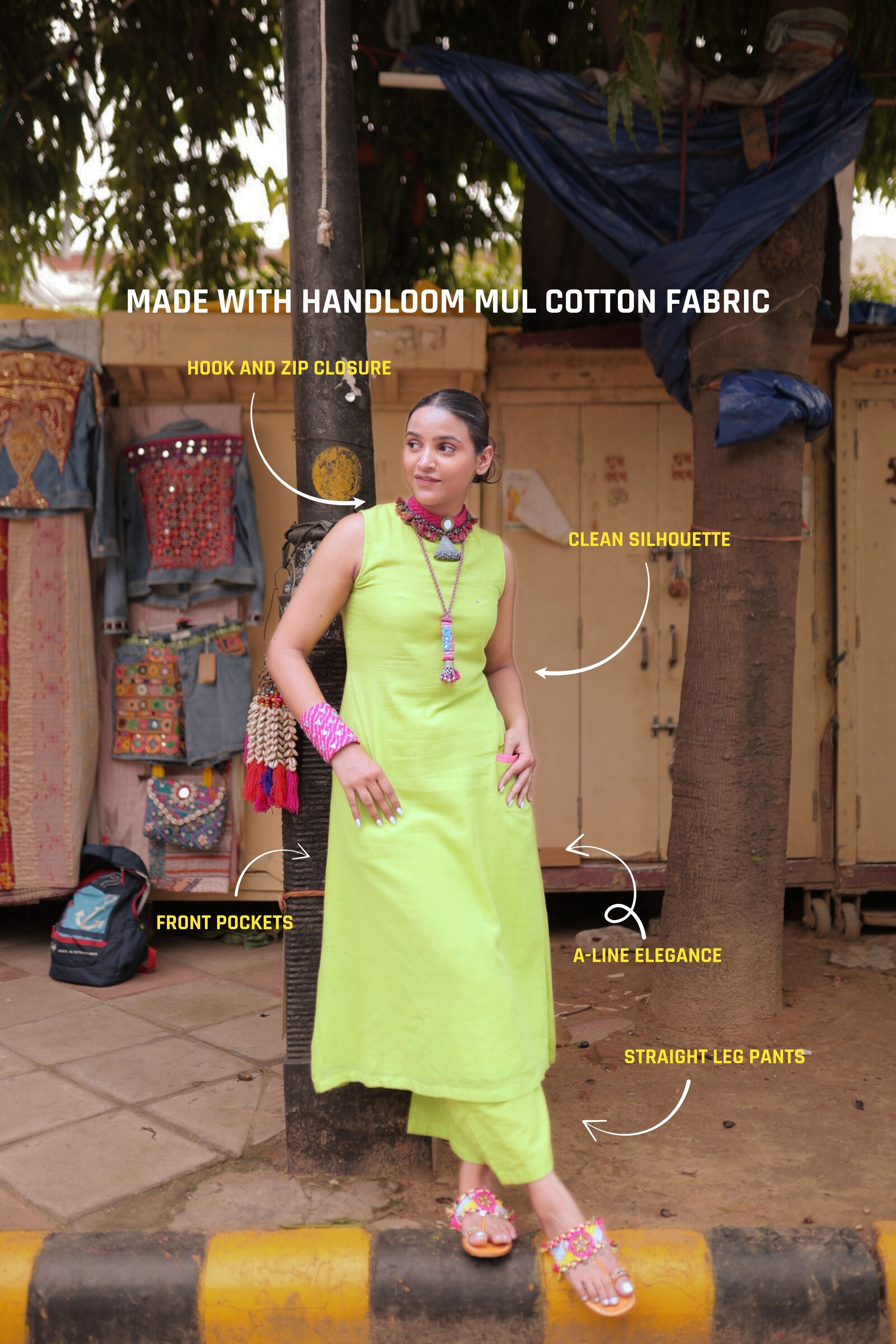 Mili I Lime Green Handloom Mul Cotton Sleeveless Kurta Pant Set