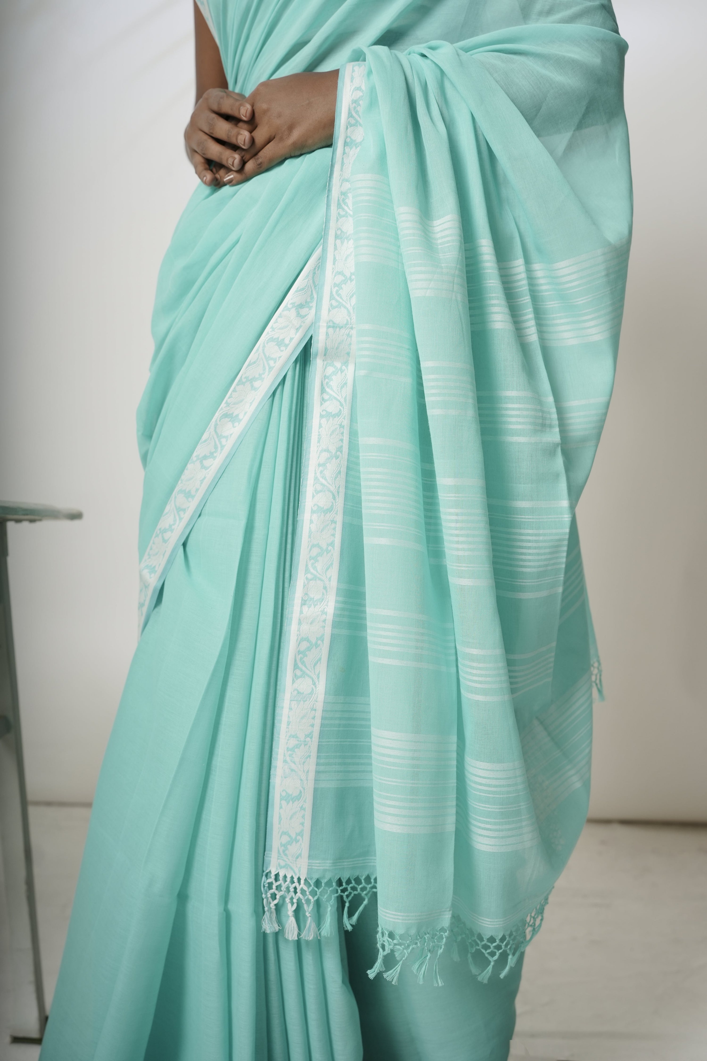 Cerulean I Light blue cotton saree with white  border