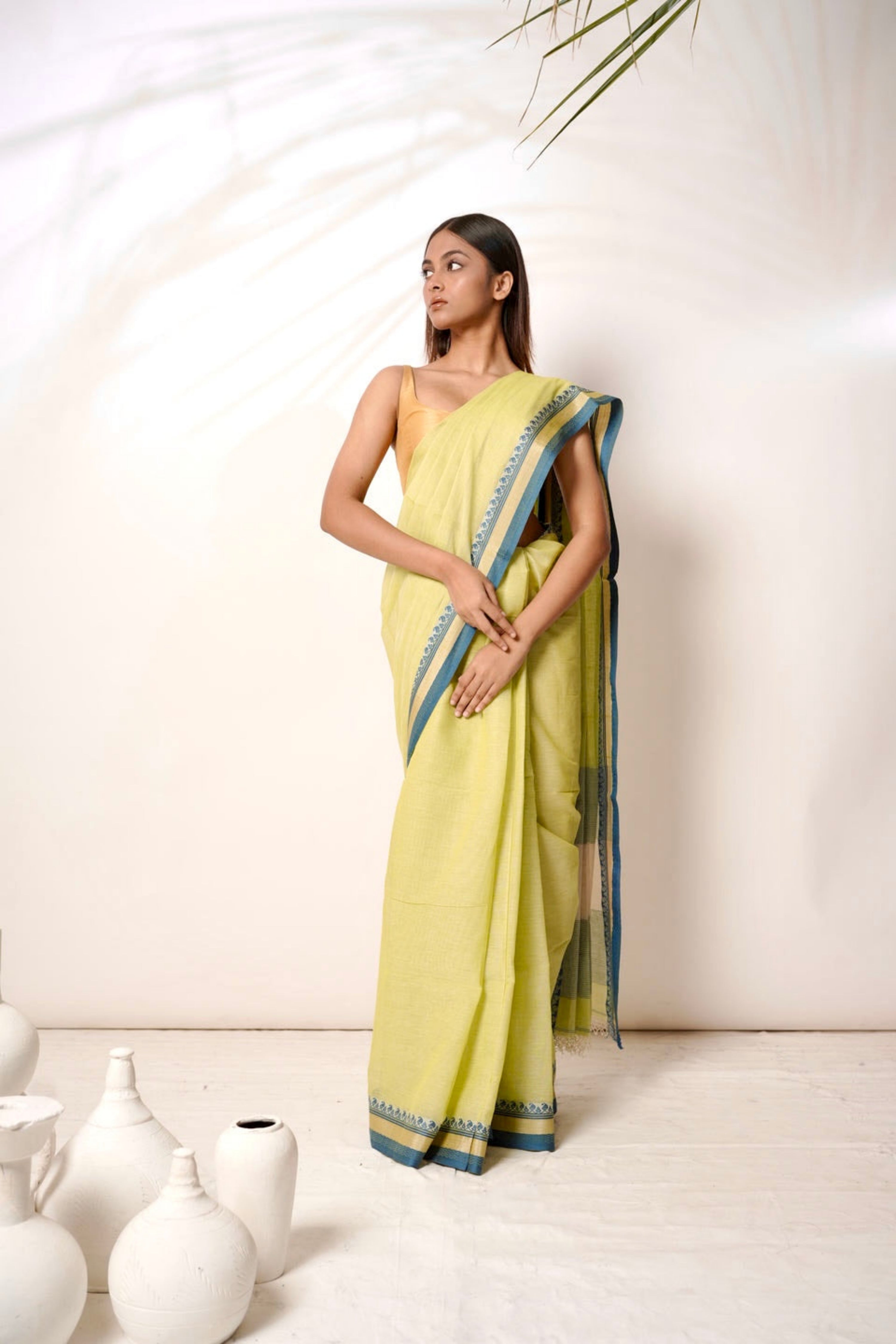 Viridian I Green Cotton Saree with  Blue  Border