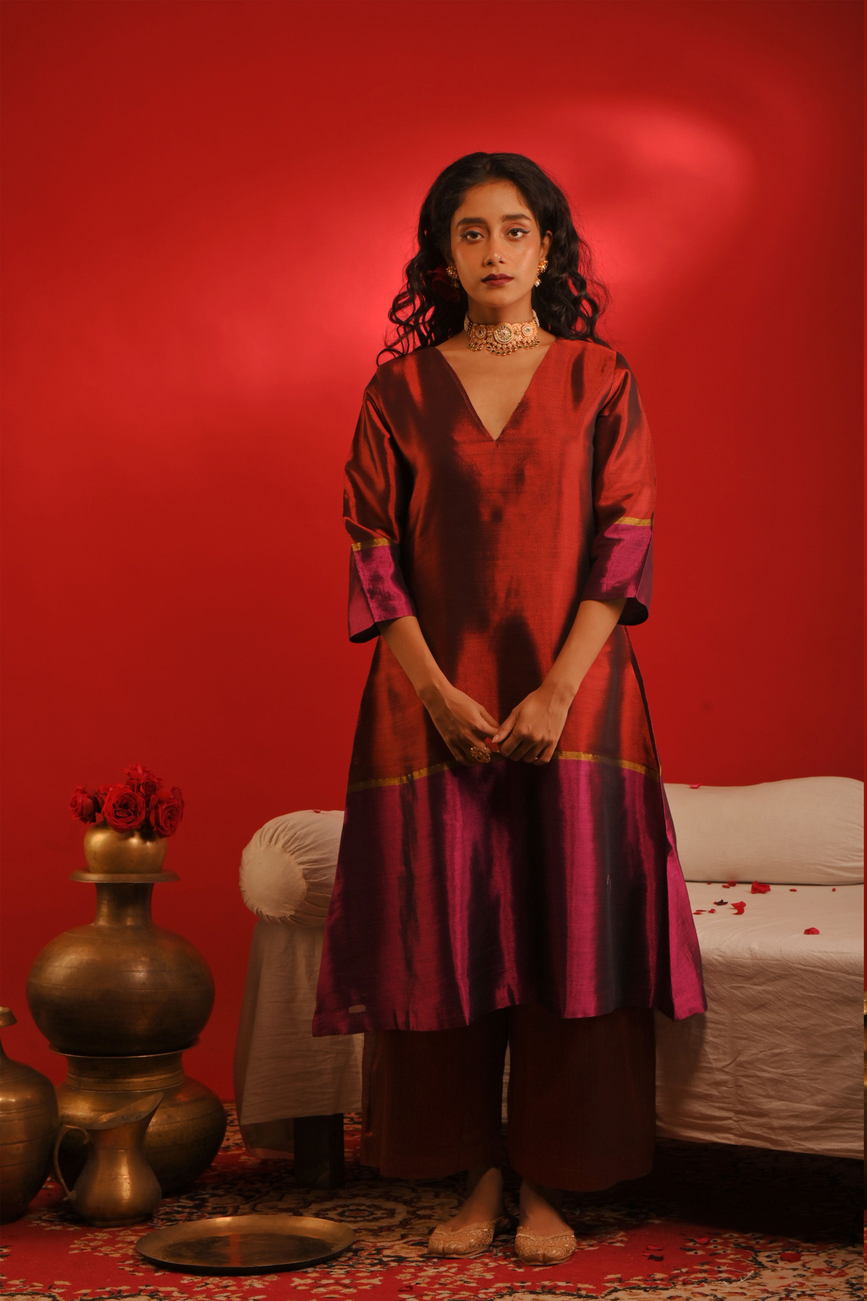 Prachi I Red and purple handwoven tissue kurta pant set