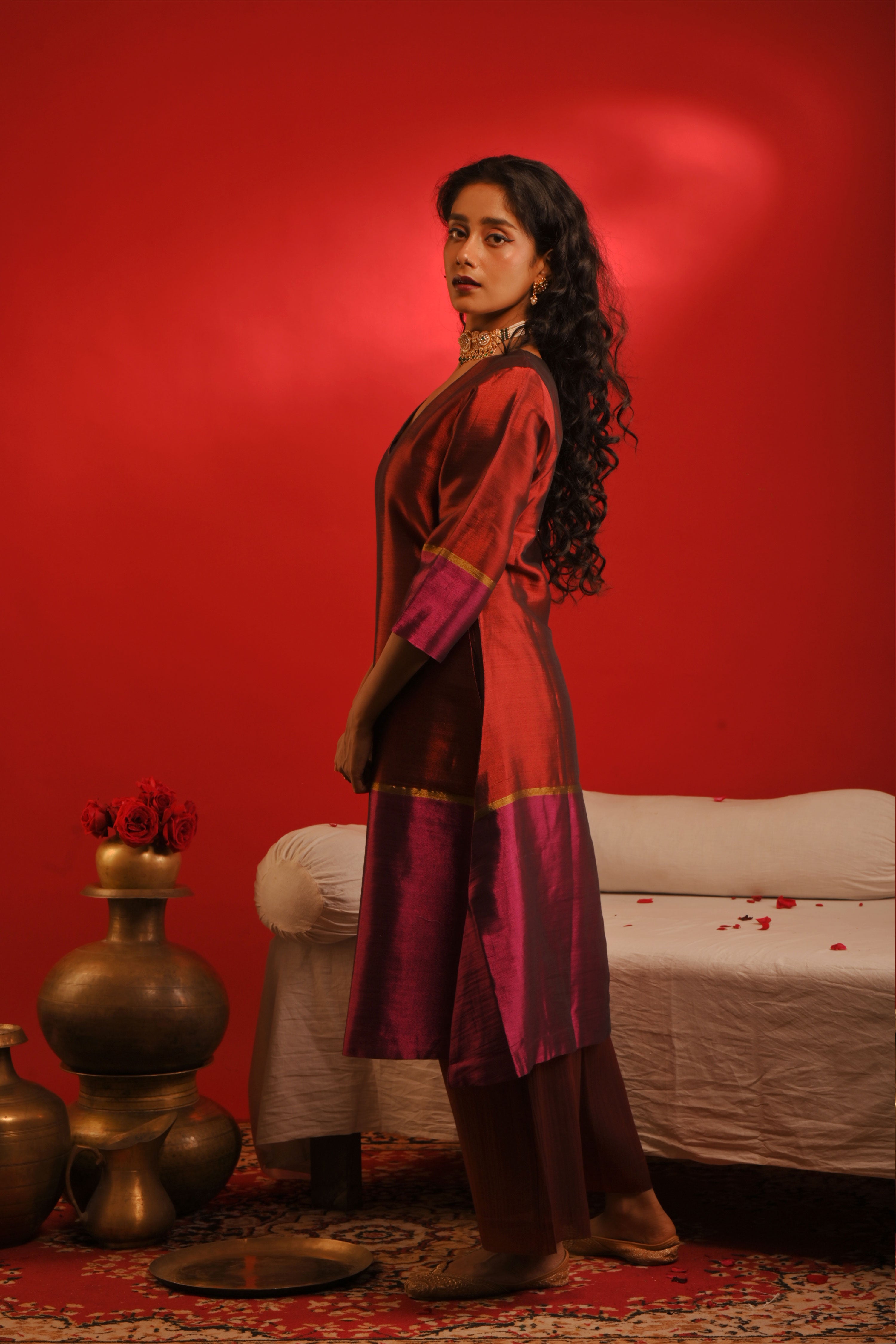 Prachi I Red and purple handwoven tissue kurta pant set