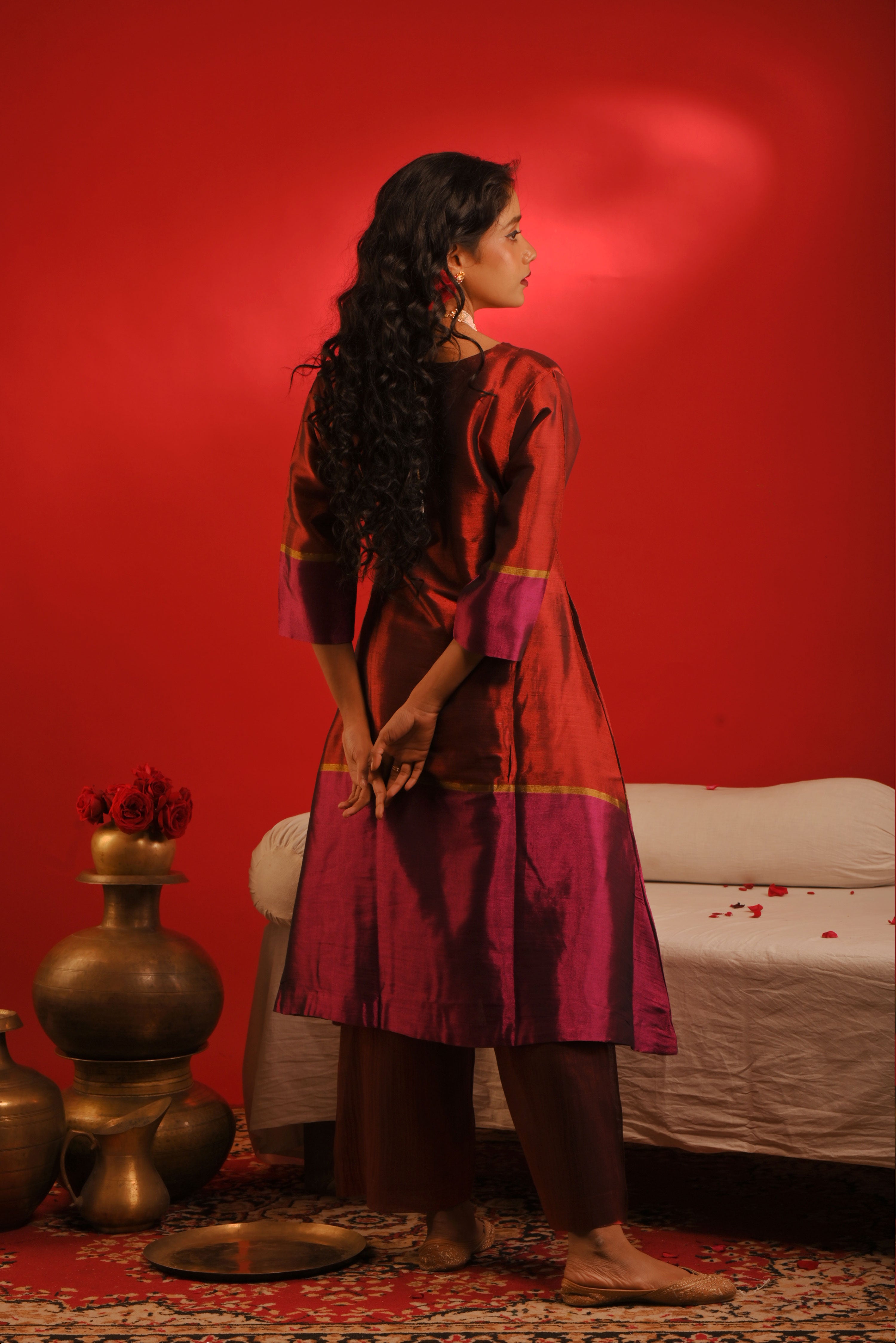 Prachi I Red and purple handwoven tissue kurta pant set