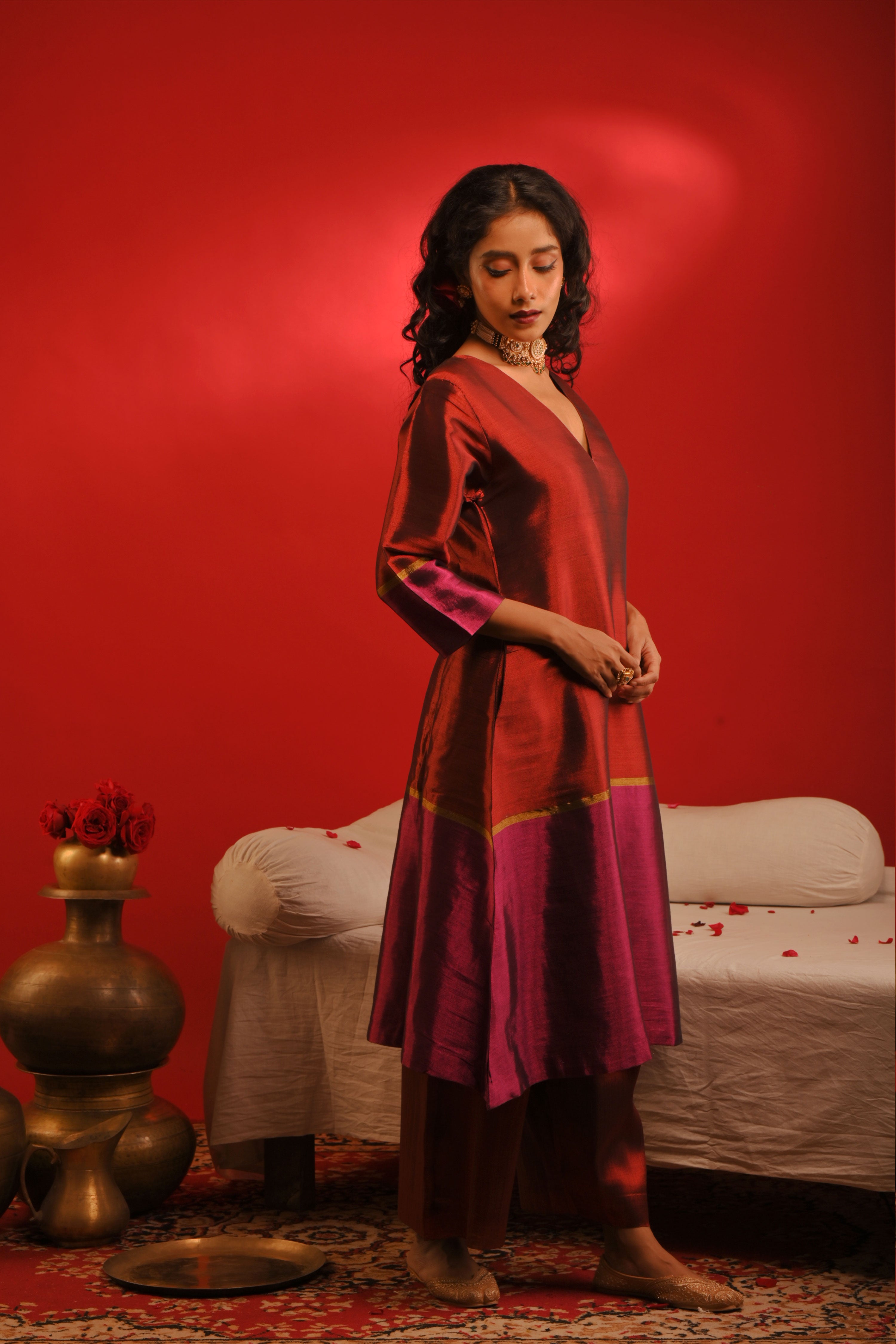 Prachi I Red and purple handwoven tissue kurta pant set