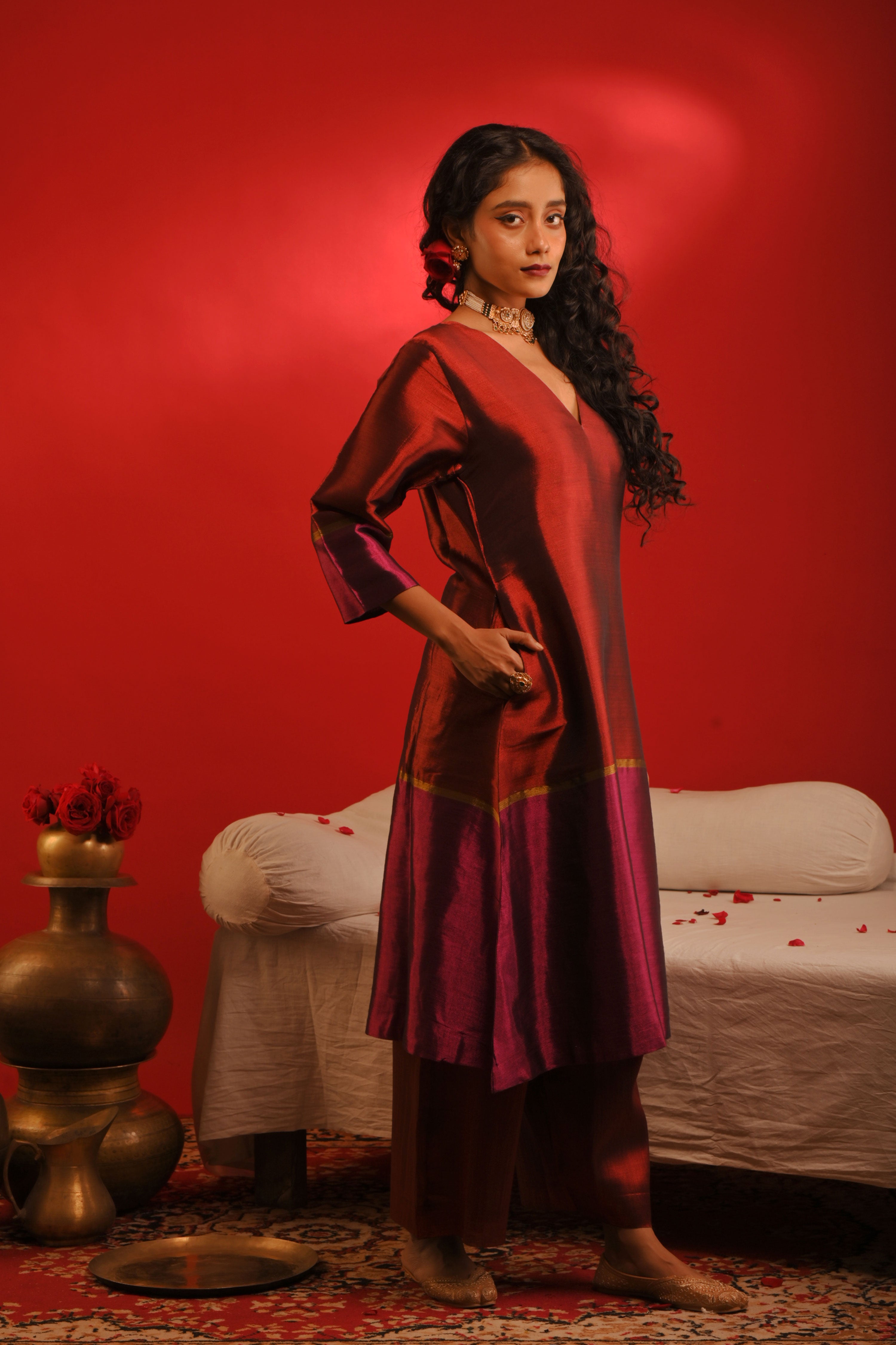Prachi I Red and purple handwoven tissue kurta pant set
