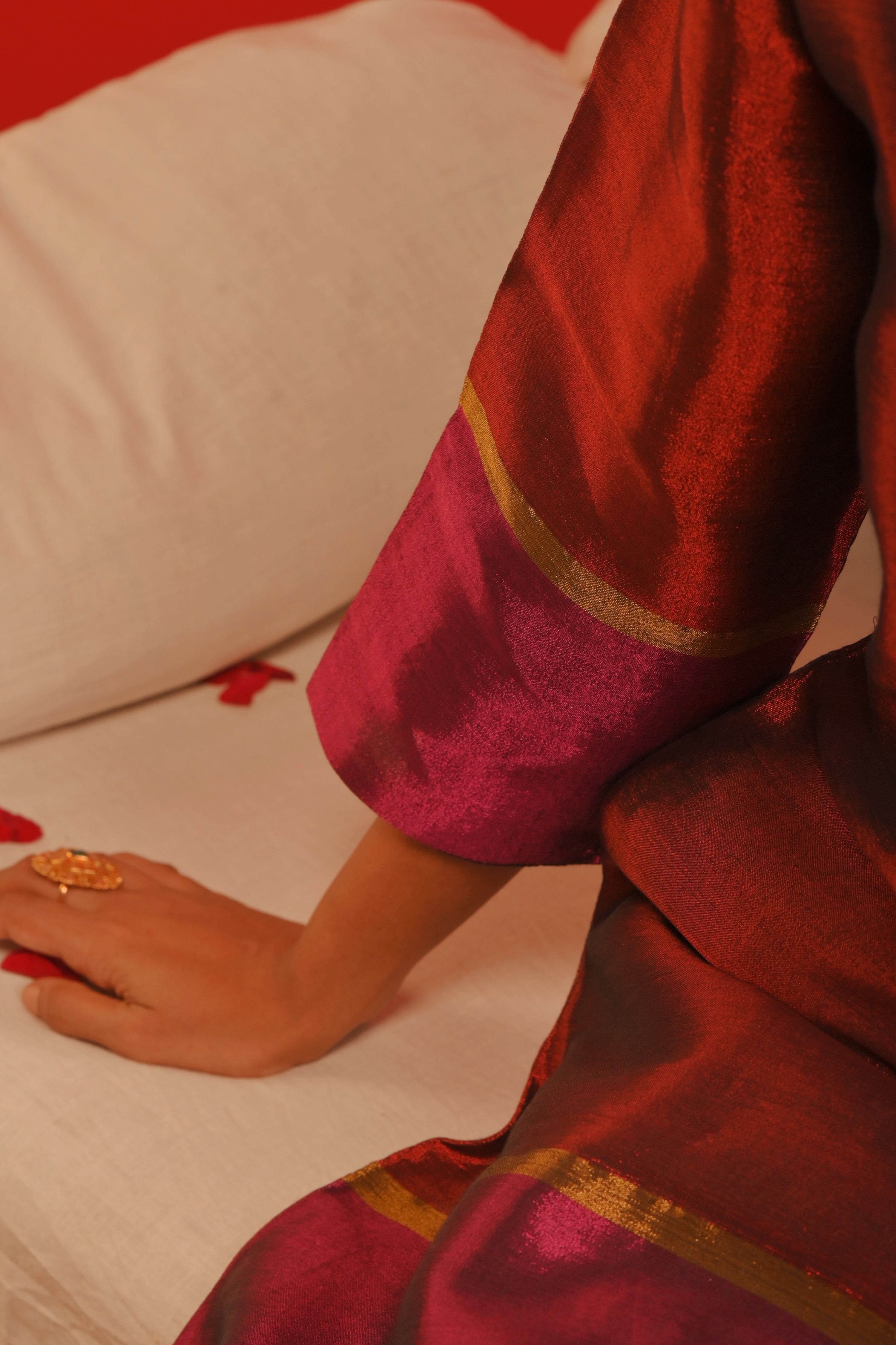 Prachi I Red and purple handwoven tissue kurta pant set